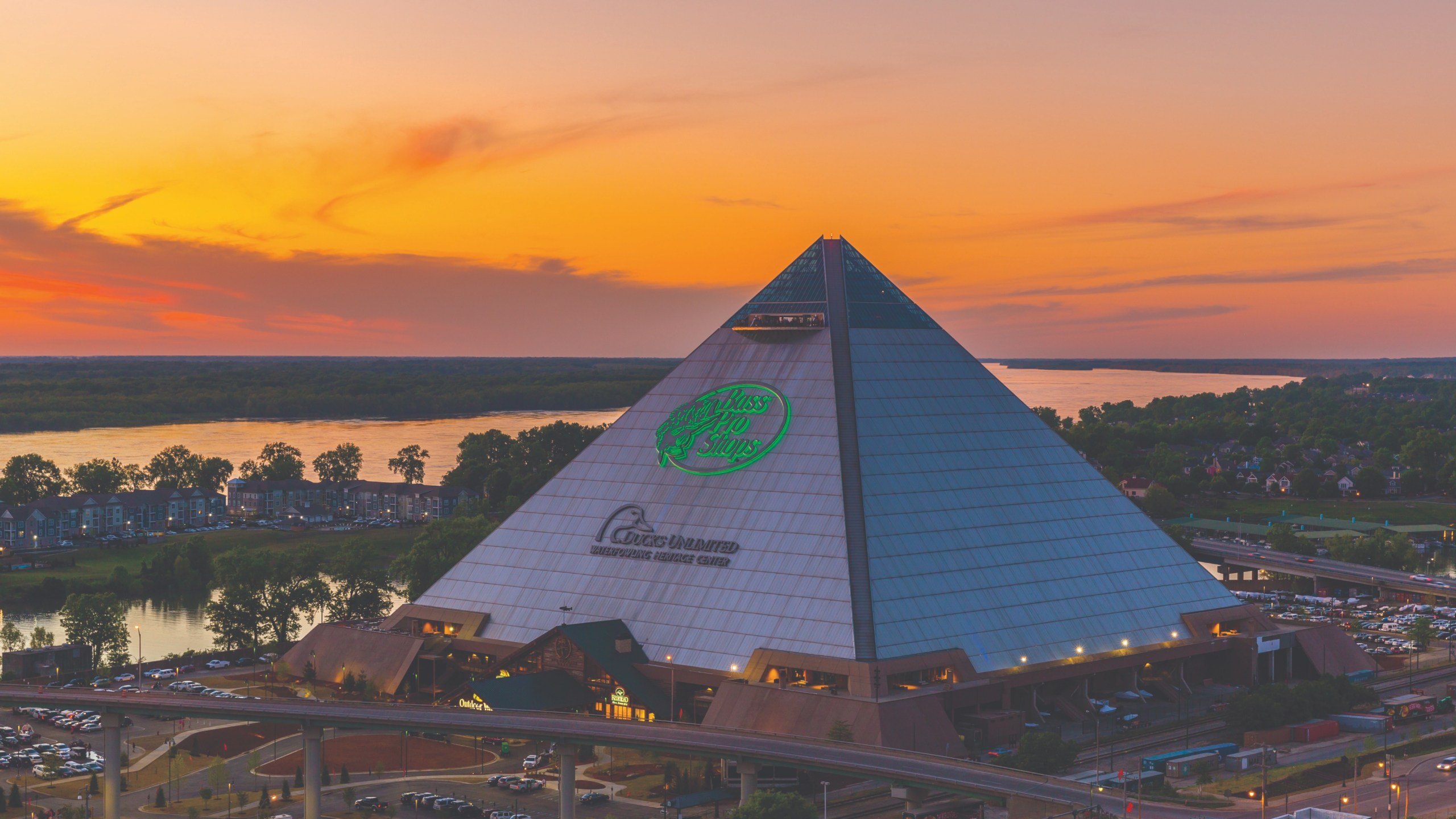 The Bass Pro Shops Pyramid in Memphis, Tennessee as seen at sunset