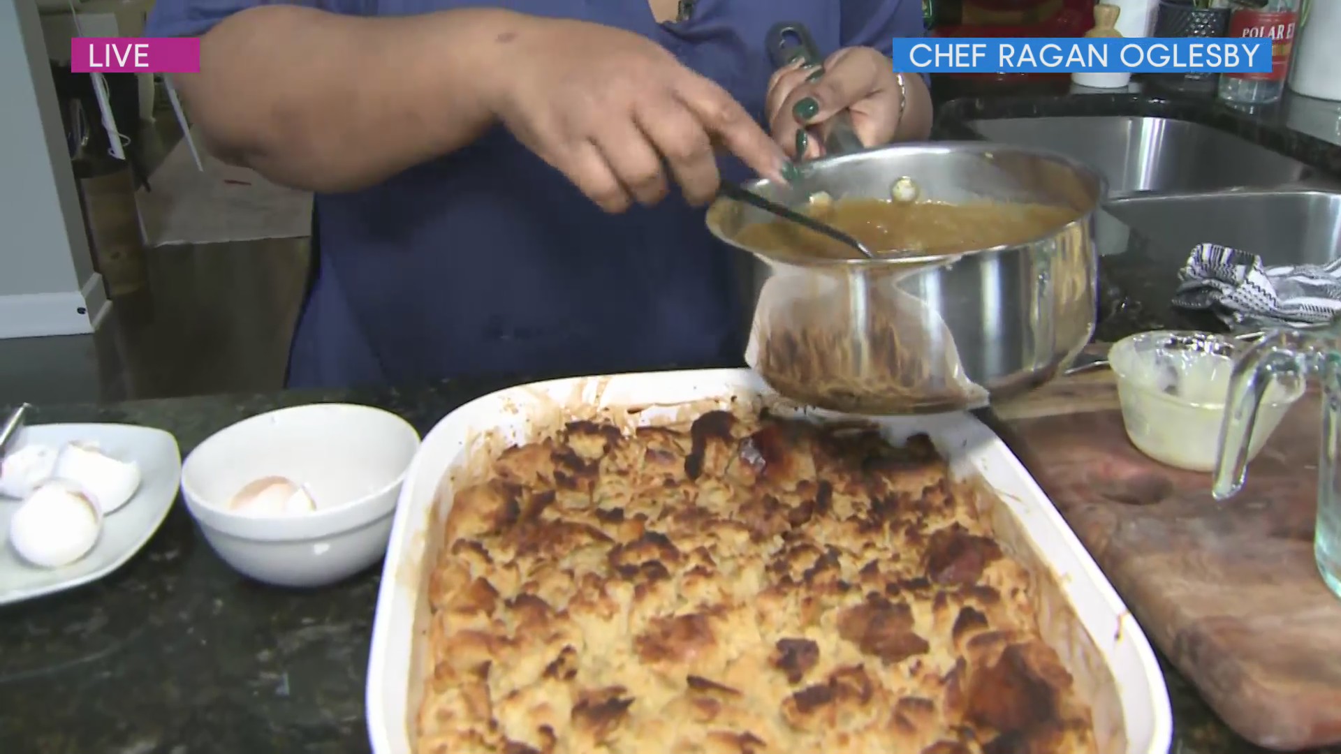 Chef Ragan reveals the single-ingredient secret to perfect bread pudding with bourbon sauce