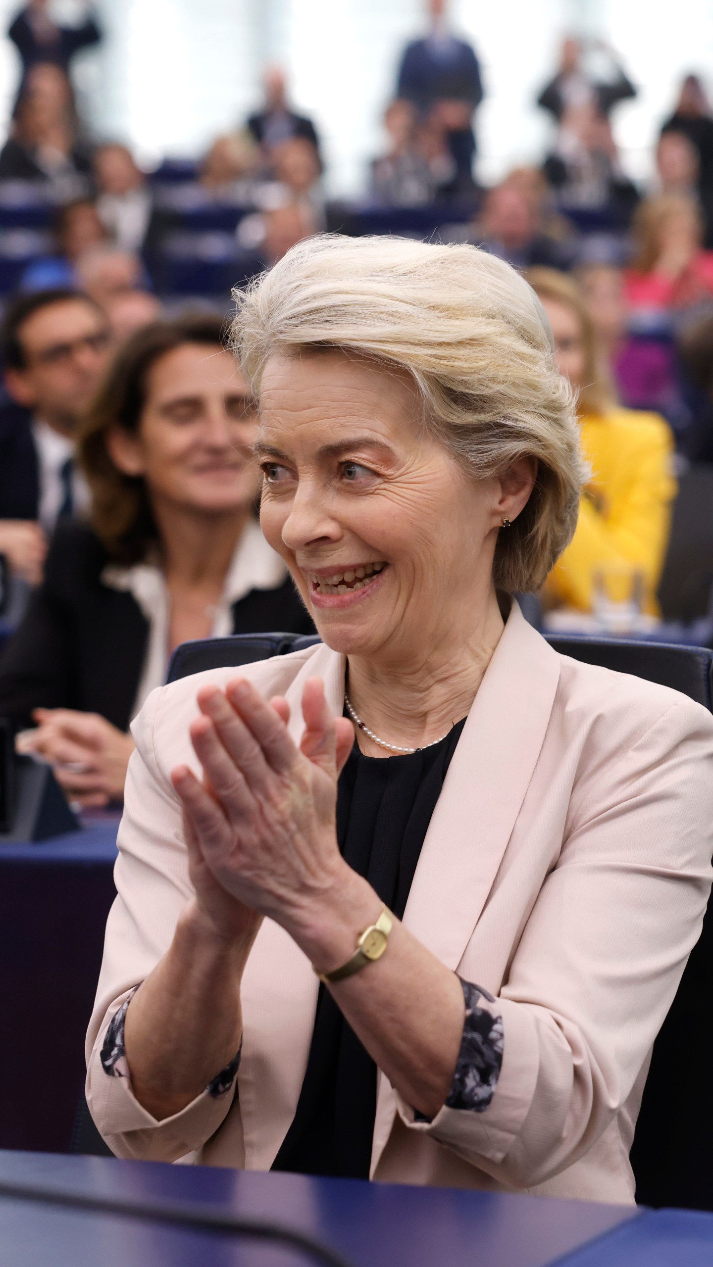 European Commission President Ursula von der Leyen reacts after a vote by the European Parliament to approve the new EU College of Commissioners at the European Parliament in Strasbourg, France, Wednesday, Nov. 27, 2024. (AP Photo/Jean-Francois Badias)