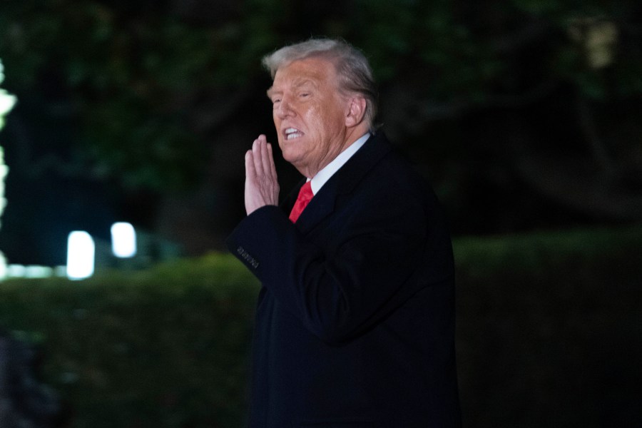 President Donald Trump arrives on the South Lawn of the White House, in Washington, Monday, Feb. 10, 2025. (AP Photo/Jose Luis Magana)