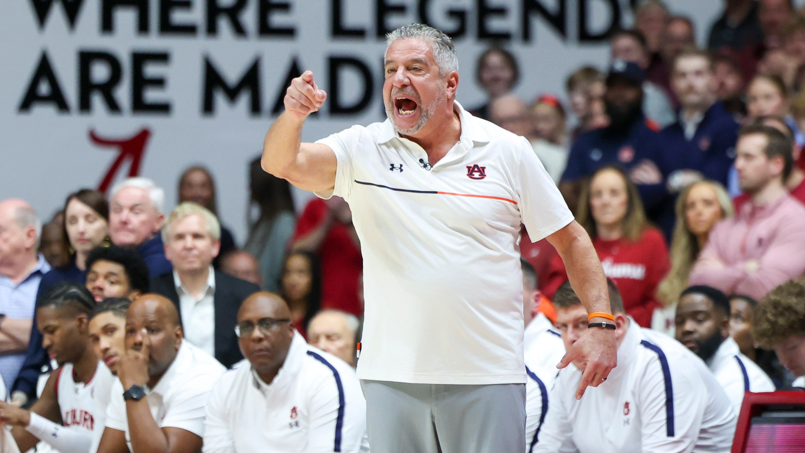 Auburn head coach Bruce Pearl yells to his players during the first half of an NCAA college basketball game against Alabama, Saturday, Feb. 15, 2025, in Tuscaloosa, Ala. (AP Photo/Vasha Hunt)