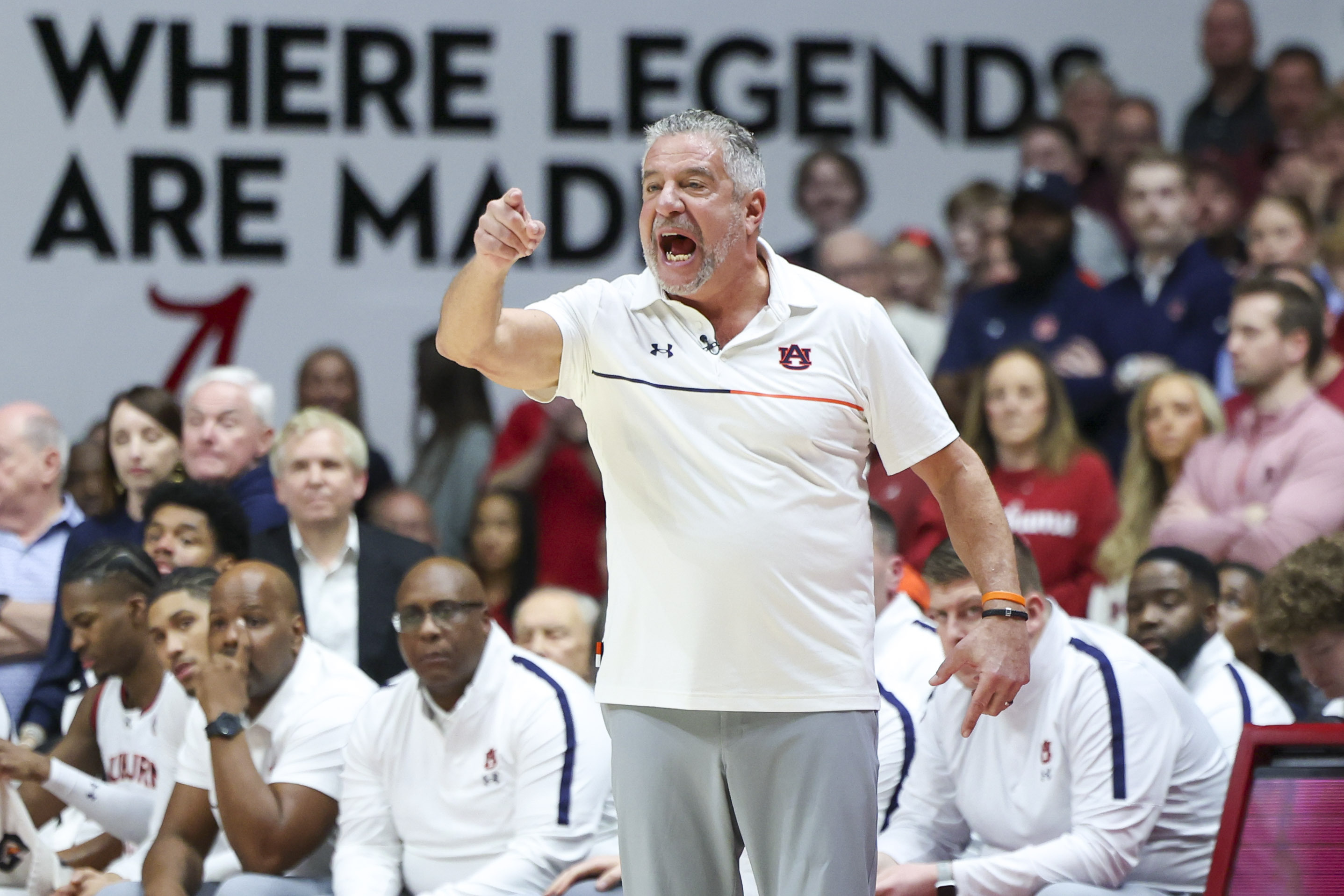 Auburn head coach Bruce Pearl yells to his players during the first half of an NCAA college basketball game against Alabama, Saturday, Feb. 15, 2025, in Tuscaloosa, Ala. (AP Photo/Vasha Hunt)