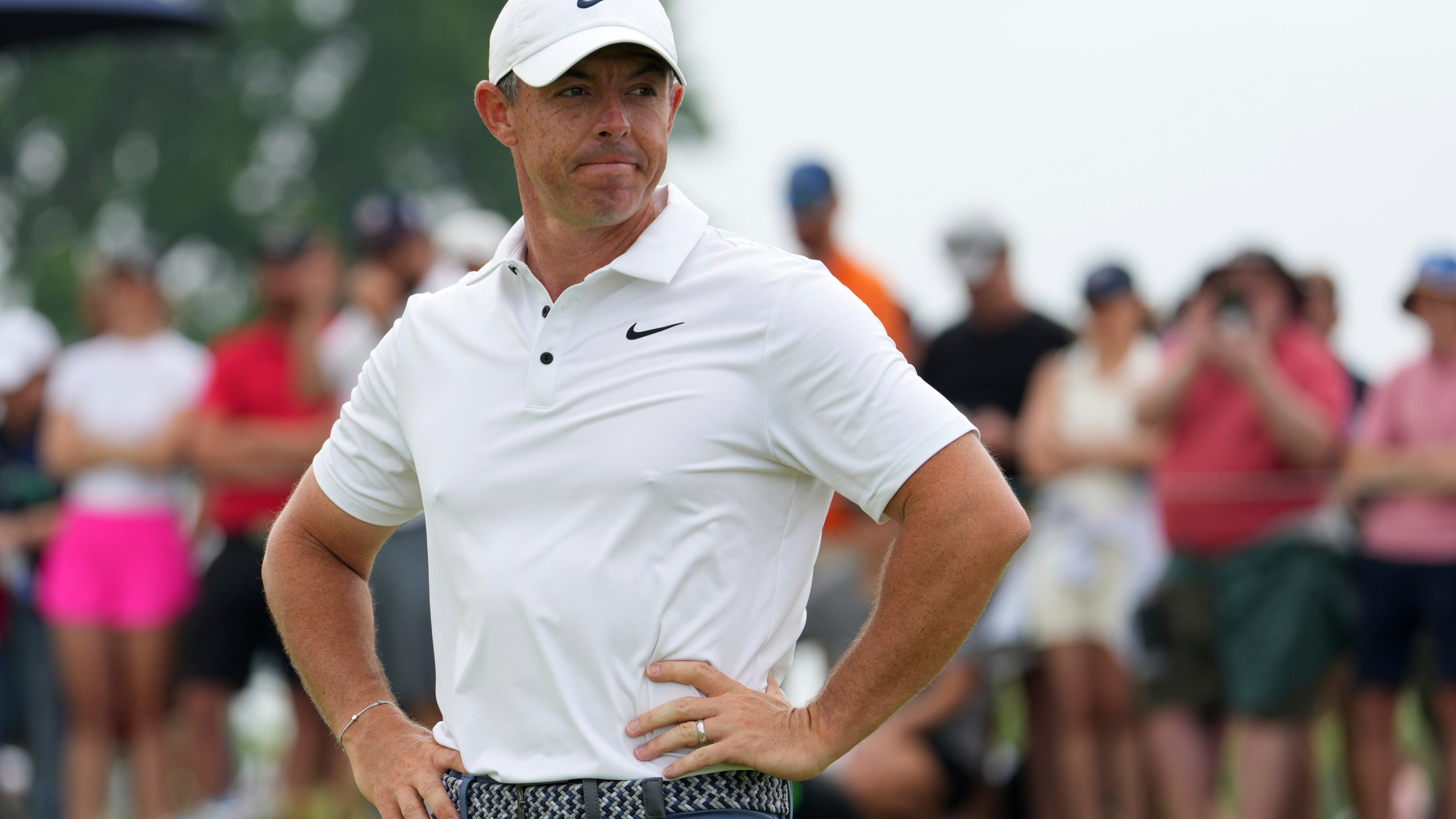 Rory McIlroy, of Northern Ireland, stands on the 11th green after putting in during the final round of the U.S. Open golf tournament at Oakmont Country Club Sunday, June 15, 2025, in Oakmont, Pa. (AP Photo/Gene J. Puskar)