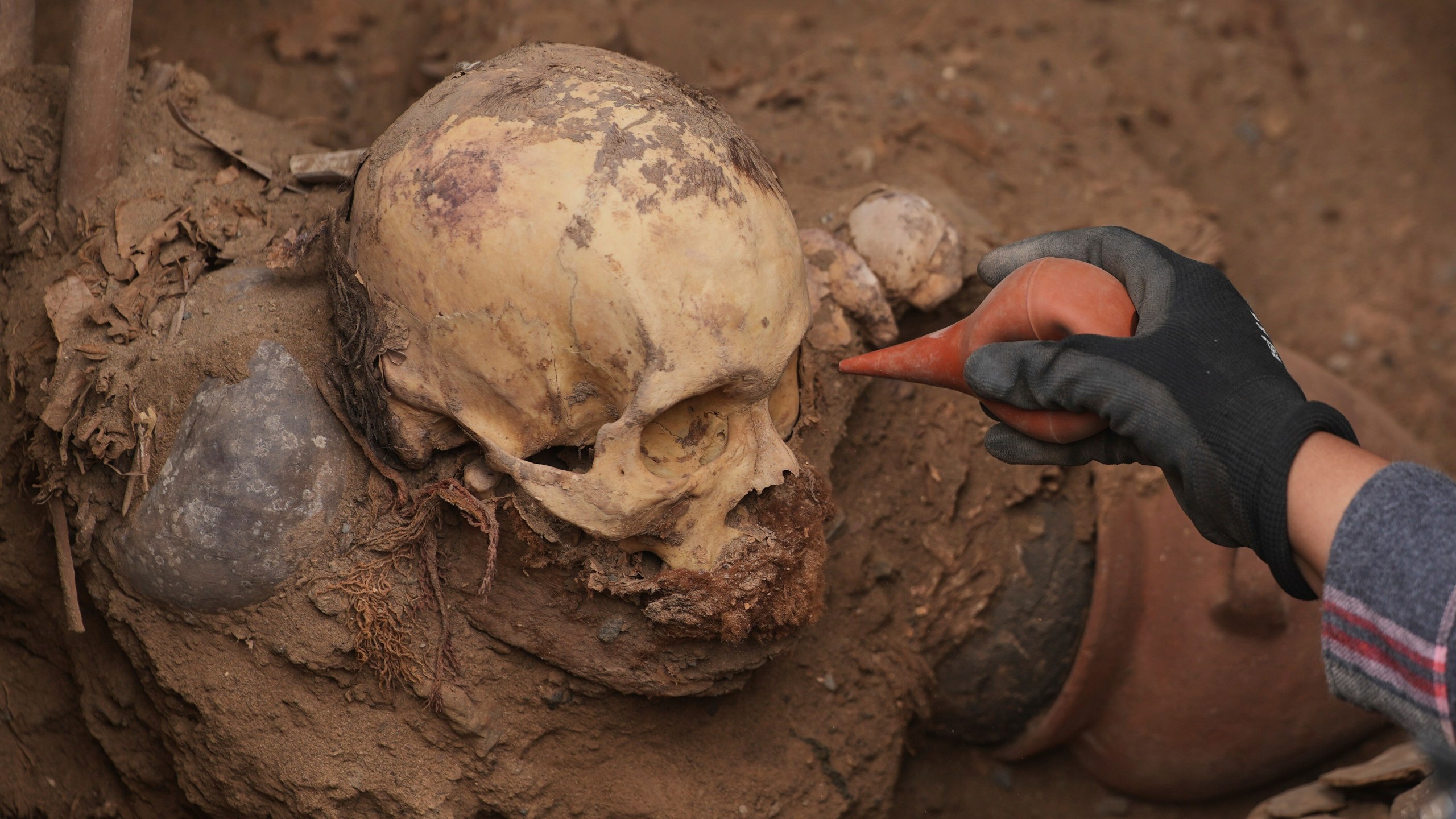 Archaeologist Jose Aliaga works at the site where city workers discovered ancient remains, from the pre-Inca Chancay culture, and artifacts as they were digging a natural gas line for the company Calidda in the district of Puente Piedra on the outskirts of Lima, Peru, Thursday, July 31, 2025. (AP Photo/Guadalupe Pardo)