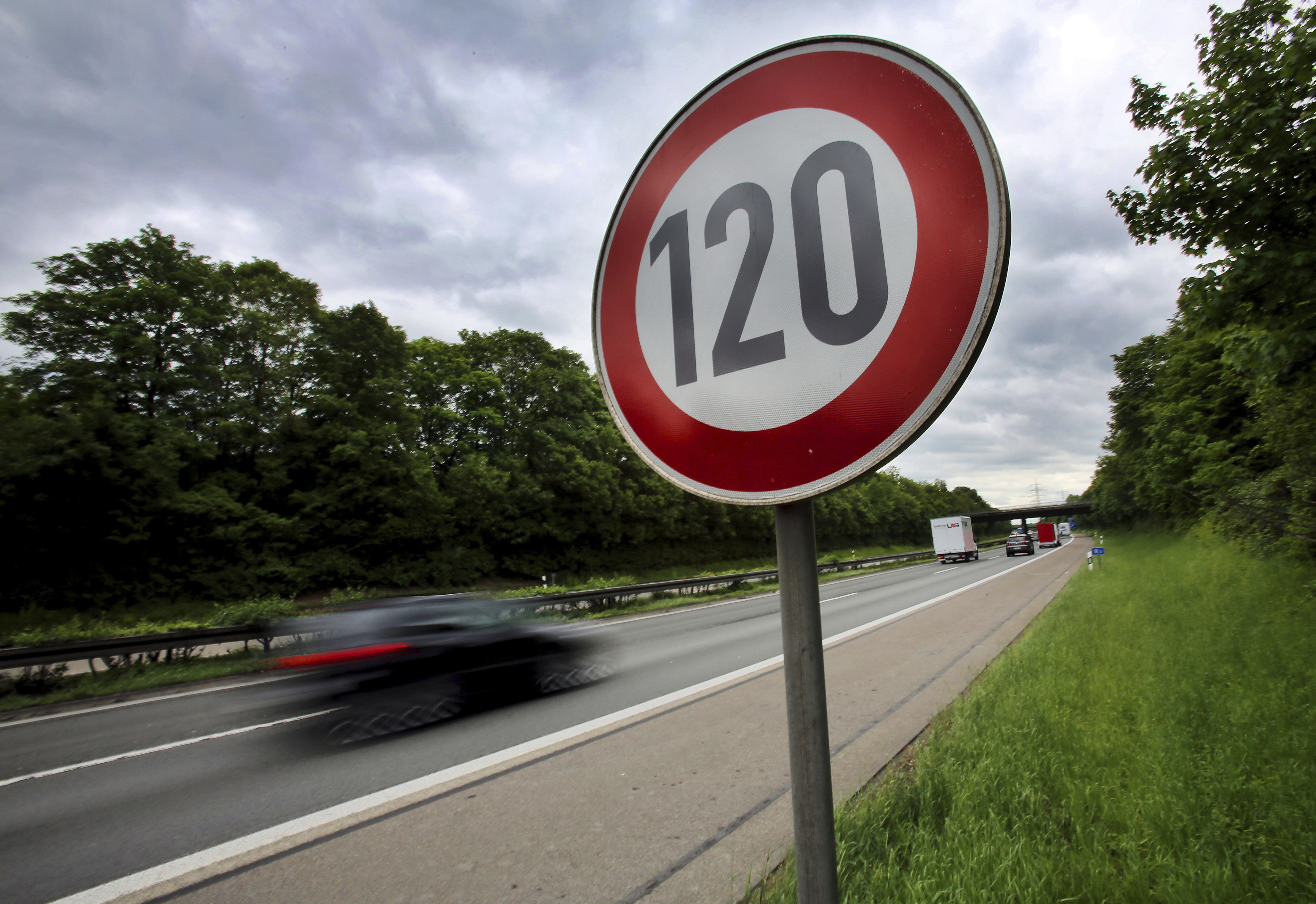 FILE - In this May 15, 2013 file photo a traffic sign indicating a speed limit of 120 km/h (75 mph) is pictured at the highway A59 close to Troisdorf, Germany. (Oliver Berg/dpa via AP, file)