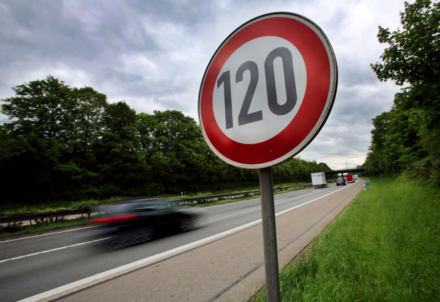 FILE - In this May 15, 2013 file photo a traffic sign indicating a speed limit of 120 km/h (75 mph) is pictured at the highway A59 close to Troisdorf, Germany. (Oliver Berg/dpa via AP, file)