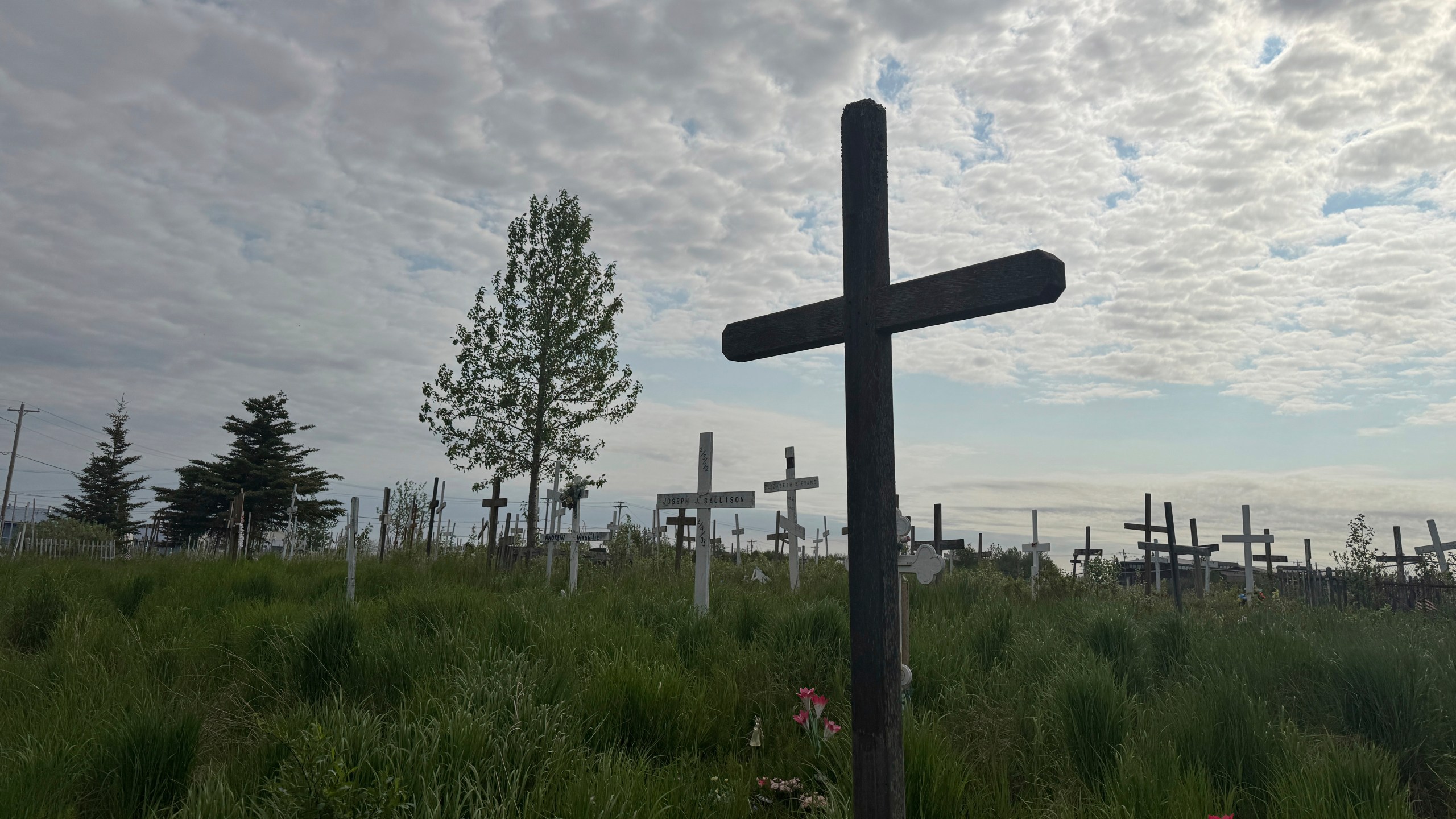 Crosses are seen at the Ridgecrest Memorial Cemetery in Bethel, Alaska, on June 17, 2025. (AP Photo/Mark Thiessen)