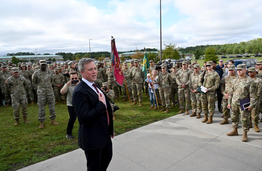 Army Secretary Dan Driscoll expresses his gratitude as he arrives to honor six soldiers for their heroic actions and for a news conference outside Fort Stewart in Georgia, Thursday, Aug. 6, 2025. (Hyosub Shin /Atlanta Journal-Constitution via AP)