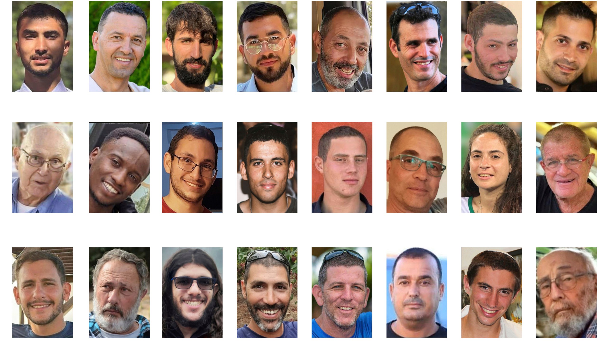 This Oct. 16, 2025, combination of images provided by Hostage's Family Forum shows some of the deceased that were held in Gaza when the latest ceasefire started, from top left, Bipin Joshi, Yossi Sharabi, Guy Illouz, Ran Gvili, Eitan Levi, Dror Or, Itay Chen, Uriel Baruch, second row from left, Amiram Cooper, Joshua Loitu Mollel, Tamir Nimrodi, Oz Daniel, Omer Neutra, Lior Rudaeff, Inbar Hayman, Meny Godard, third row from left, Daniel Peretz, Eliyahu Margalit, Sahar Baruch, Tamir Adar, Tal Haimi, Muhammad Al-Atarash, Hadar Goldin and Arie Zalmanovich. (Hostage's Family Forum via AP)