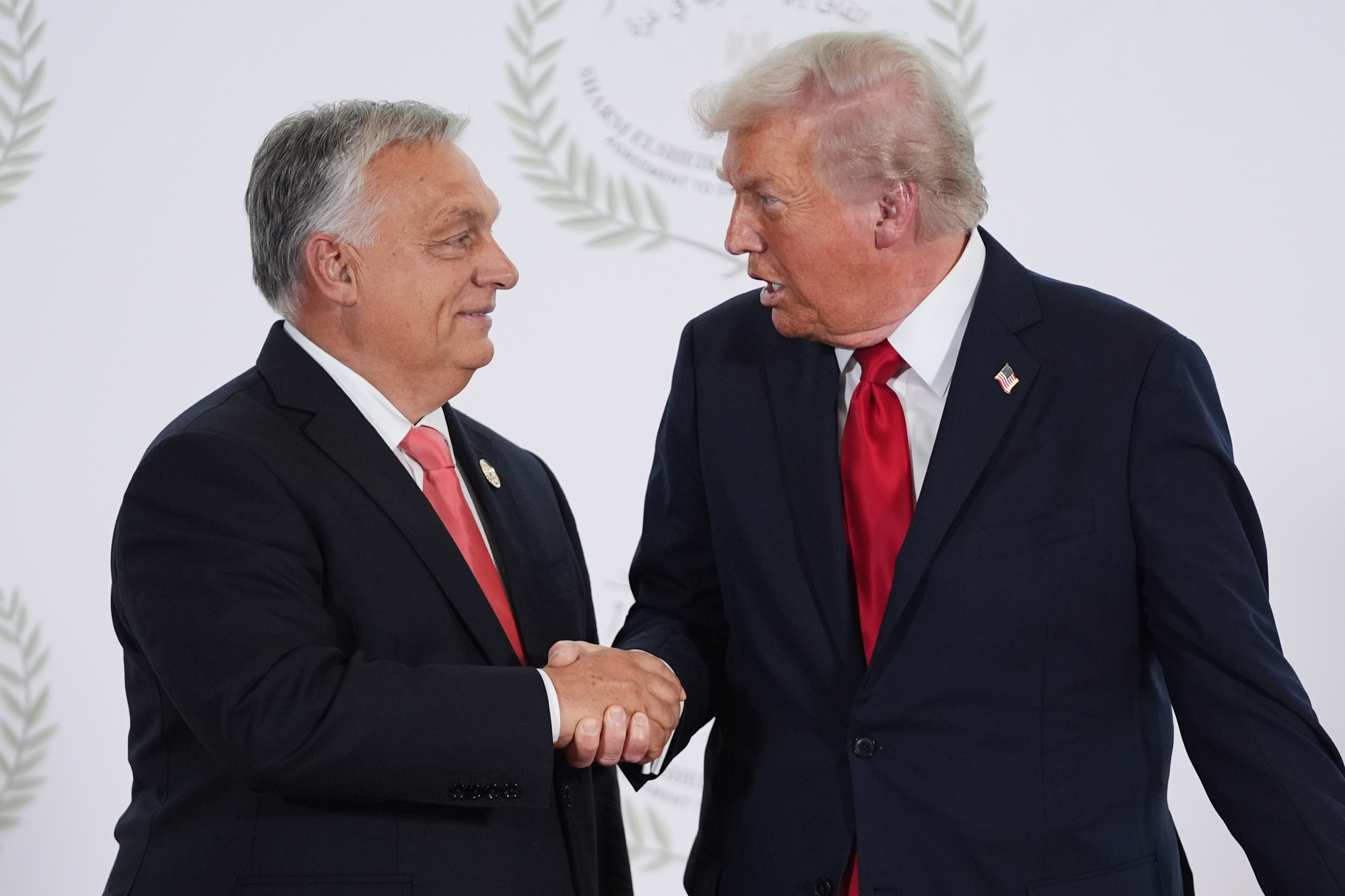 President Donald Trump greets Hungary's Prime Minister Viktor Orban during a summit to support ending the more than two-year Israel-Hamas war in Gaza after a breakthrough ceasefire deal, Monday, Oct. 13, 2025, in Sharm El Sheikh, Egypt. (AP Photo/Evan Vucci, Pool)