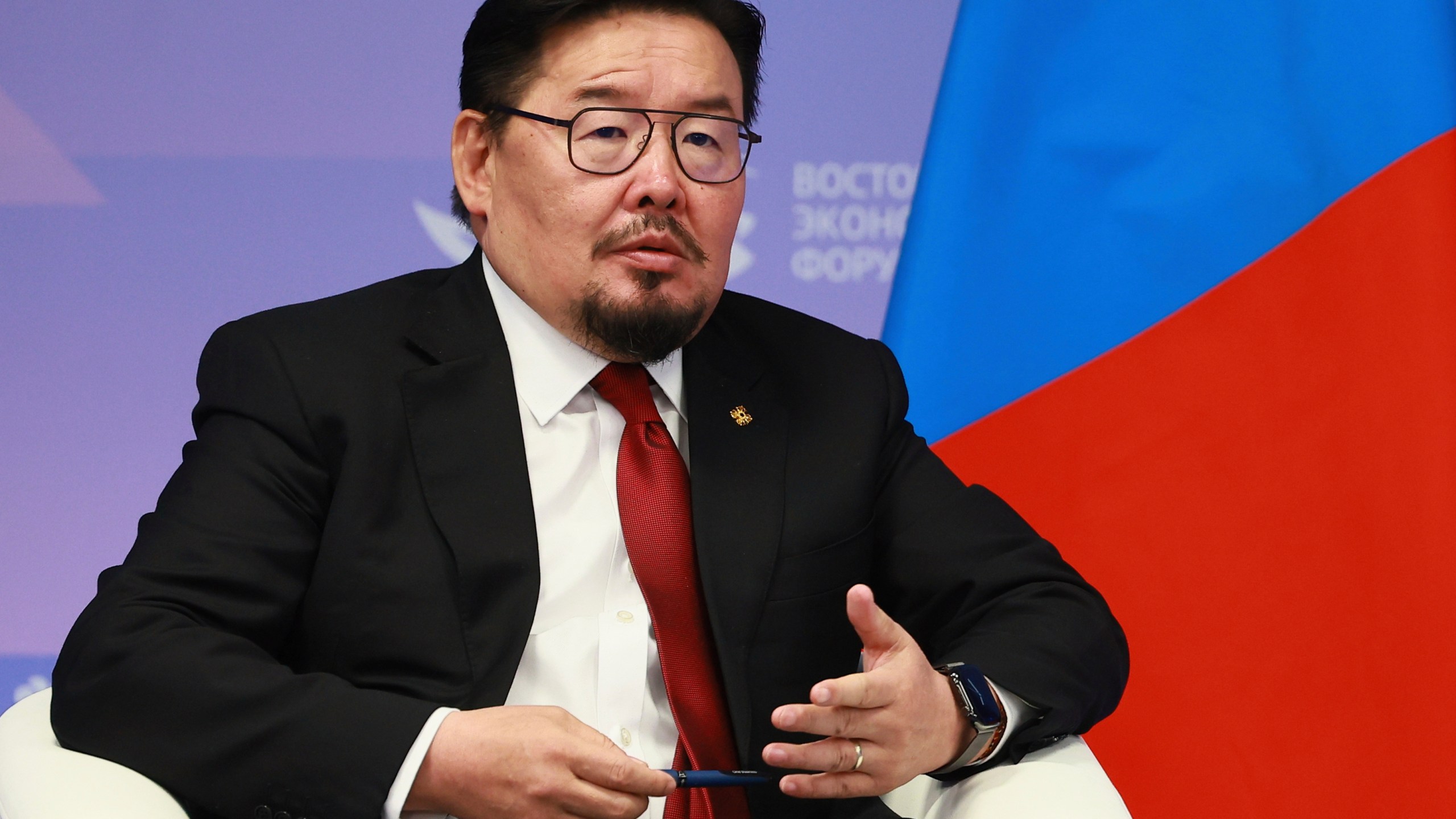 FILE -Mongolian Prime Minister Gombojavyn Zandanshatar speaks to Russian President Vladimir Putin during their meeting on the sidelines of the Eastern Economic Forum in Vladivostok, Russia, Sept. 4, 2025. (Vladimir Smirnov, Sputnik, Kremlin Pool Photo via AP, File)