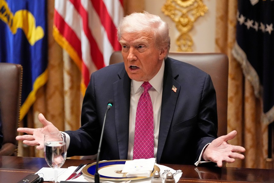 President Donald Trump speaks before a lunch with Ukraine's President Volodymyr Zelenskyy in the Cabinet Room of the White House, Friday, Oct. 17, 2025, in Washington. (AP Photo/Alex Brandon)