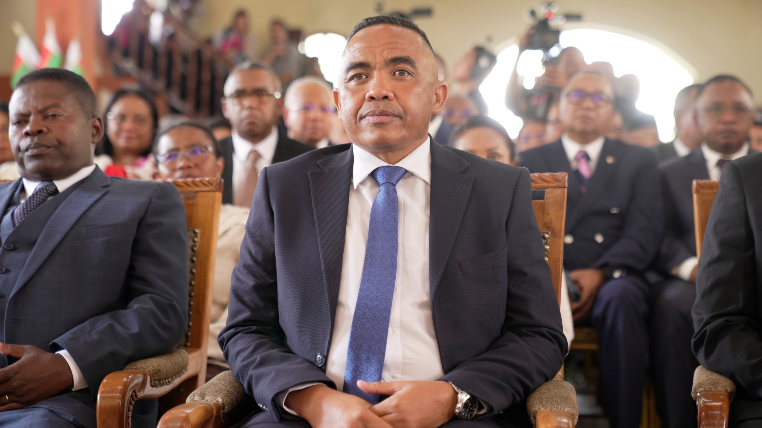 CAPSAT military unit commander Col. Michael Randrianirina waits to be sworn in as President in Antananarivo, Madagascar, Friday, Oct. 17, 2025. (AP Photo/Brian Inganga)