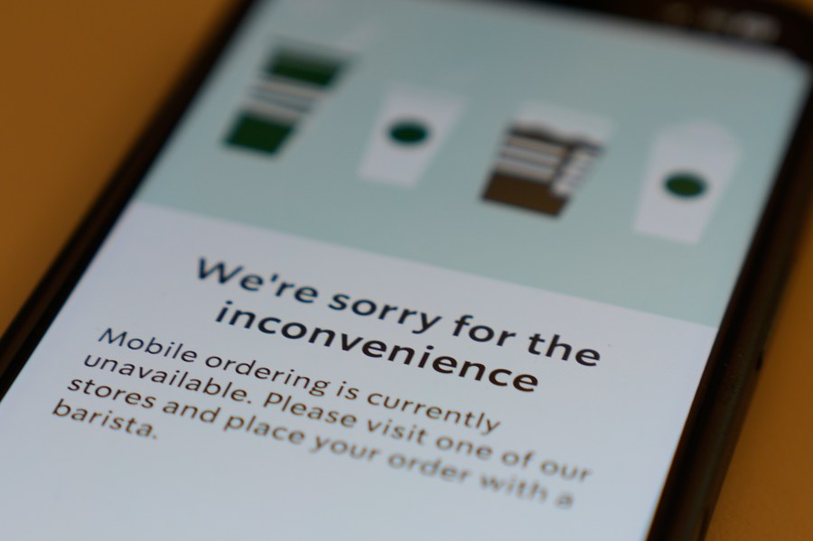 A Starbucks mobile app shows that the mobile ordering is unavailable during the Amazon Web Services outage, Monday, Oct. 20, 2025, in Chicago. (AP Photo/Kiichiro Sato)