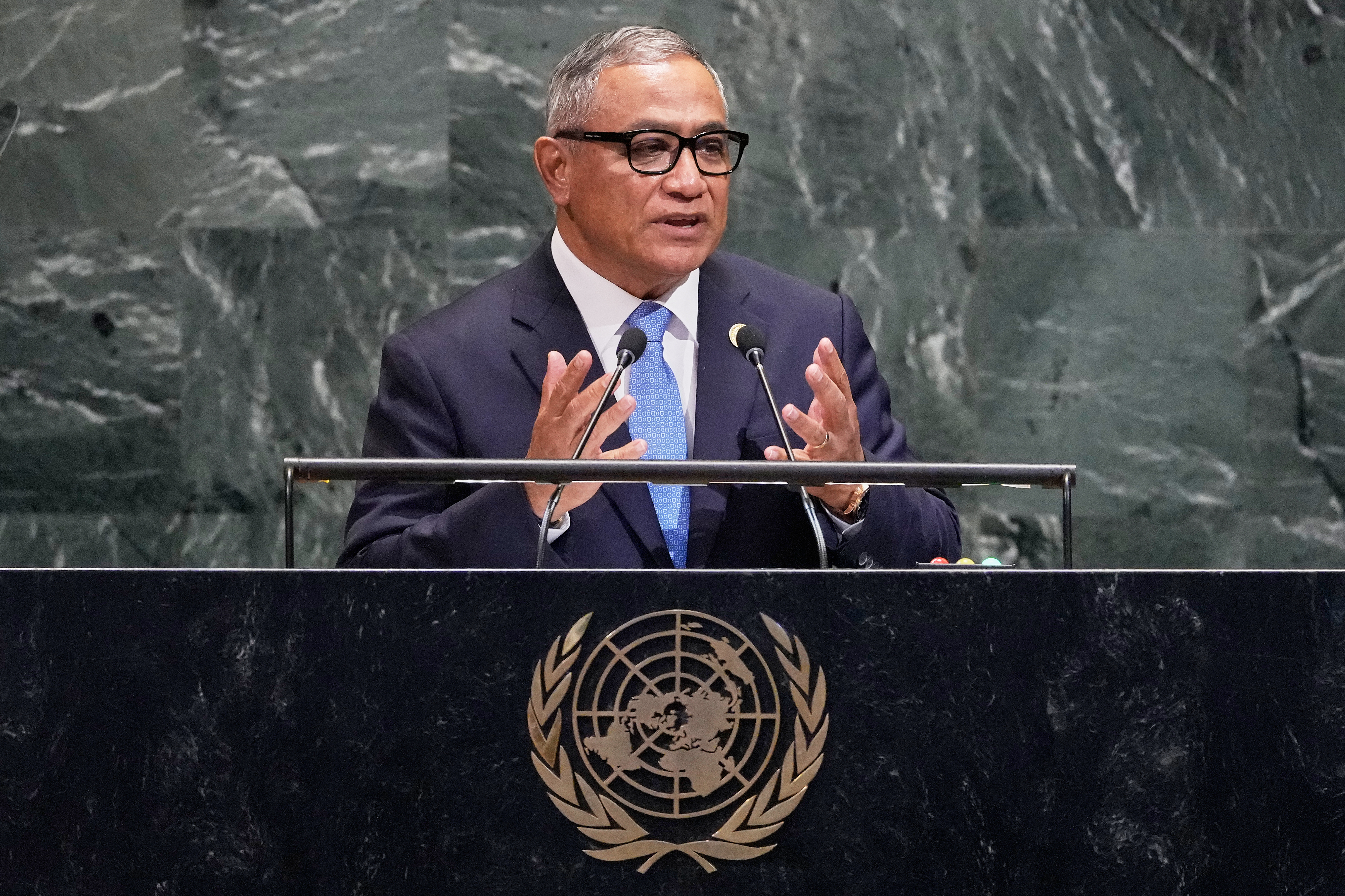 Belize Prime Minister John Briceno addresses the 80th session of the United Nations General Assembly, Friday, Sept. 26, 2025. (AP Photo/Richard Drew)