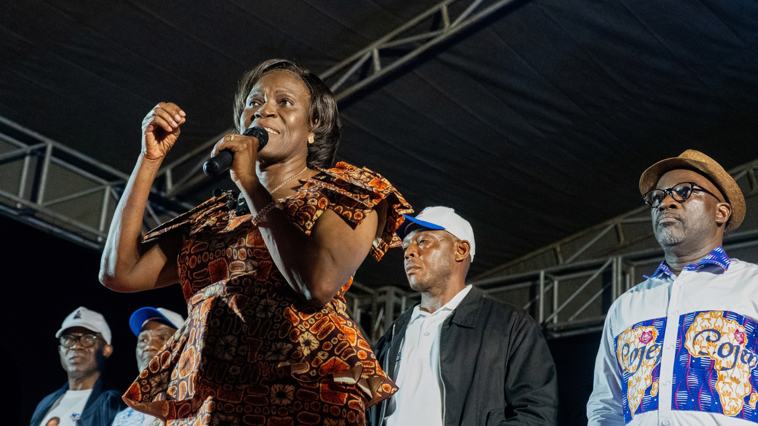 Presidential candidate Simone Ehivet Gbagbo speaks during a rally in Guiberoua, Ivory Coast, Tuesday, Oct 14, 2025. (AP Photo/ Marine Jeannin)