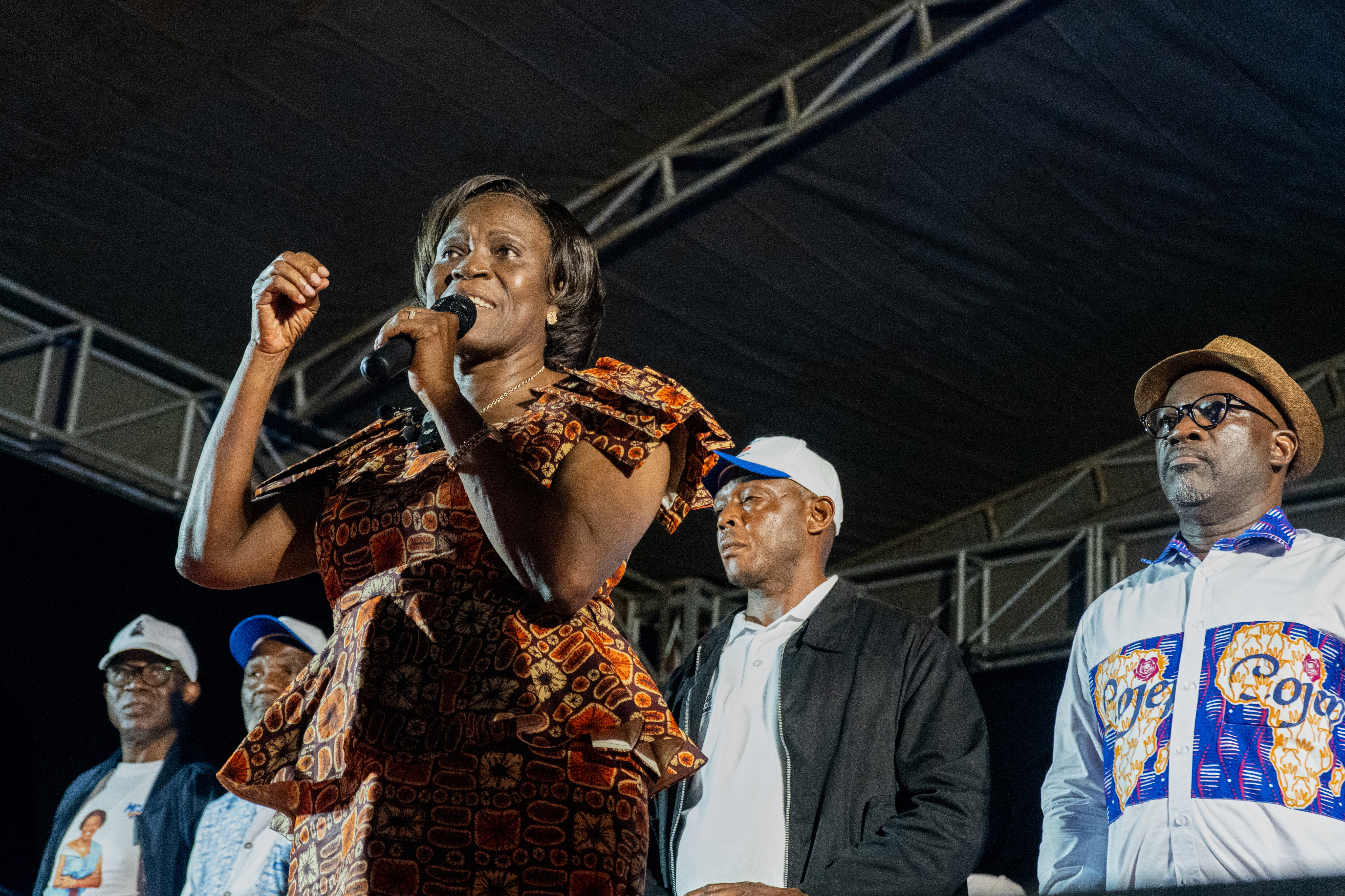 Presidential candidate Simone Ehivet Gbagbo speaks during a rally in Guiberoua, Ivory Coast, Tuesday, Oct 14, 2025. (AP Photo/ Marine Jeannin)