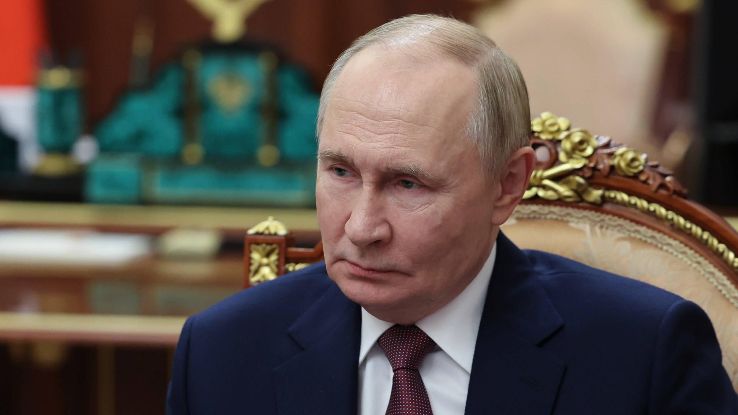 Russian President Vladimir Putin listens to Vitaly Mutko, the chief executive officer of Dom.RF, not pictured, during their meeting at the Kremlin in Moscow, Russia, on Monday, Oct. 20, 2025. (Alexander Kazakov, Sputnik, Kremlin Pool Photo via AP)