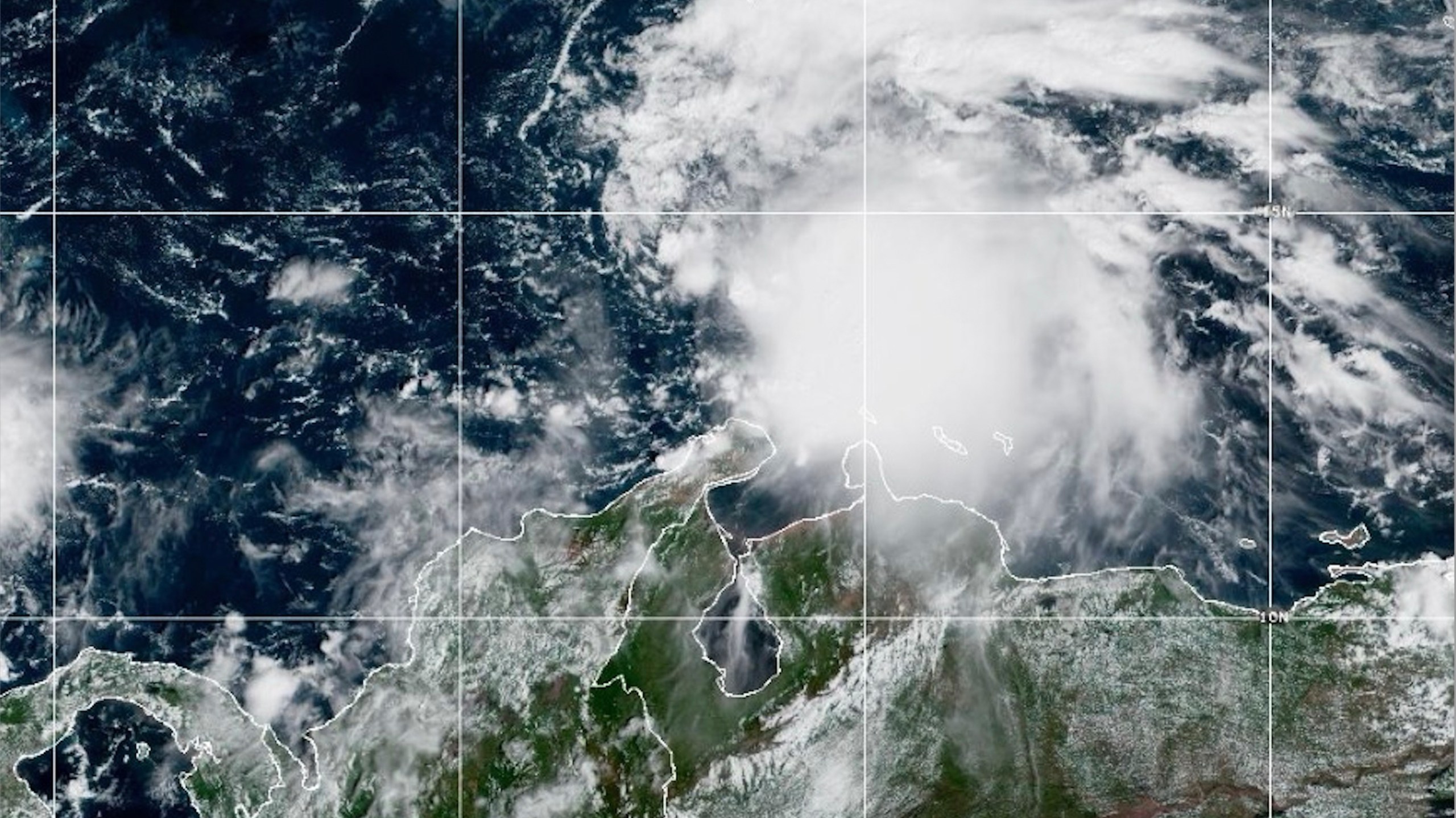 This NOAA satellite image taken at 11:40 a.m. EST on Tuesday, Oct. 21, 2025, shows Tropical Storm Melissa in the Central Caribbean Sea. (NOAA via AP)