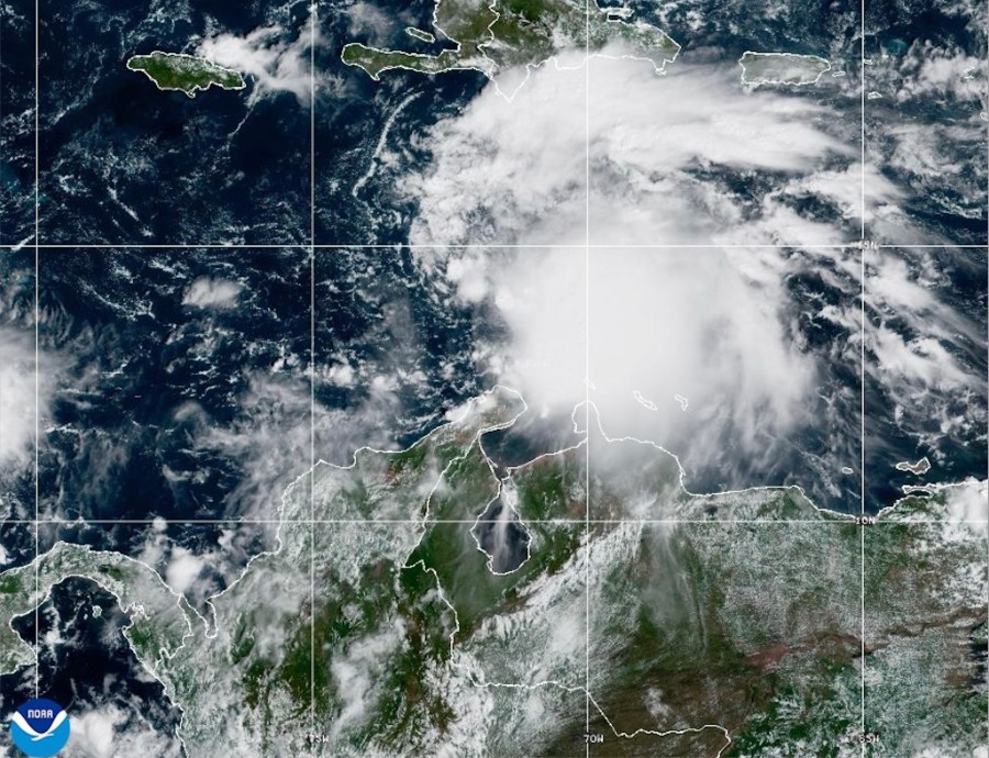 This NOAA satellite image taken at 11:40 a.m. EST on Tuesday, Oct. 21, 2025, shows Tropical Storm Melissa in the Central Caribbean Sea. (NOAA via AP)