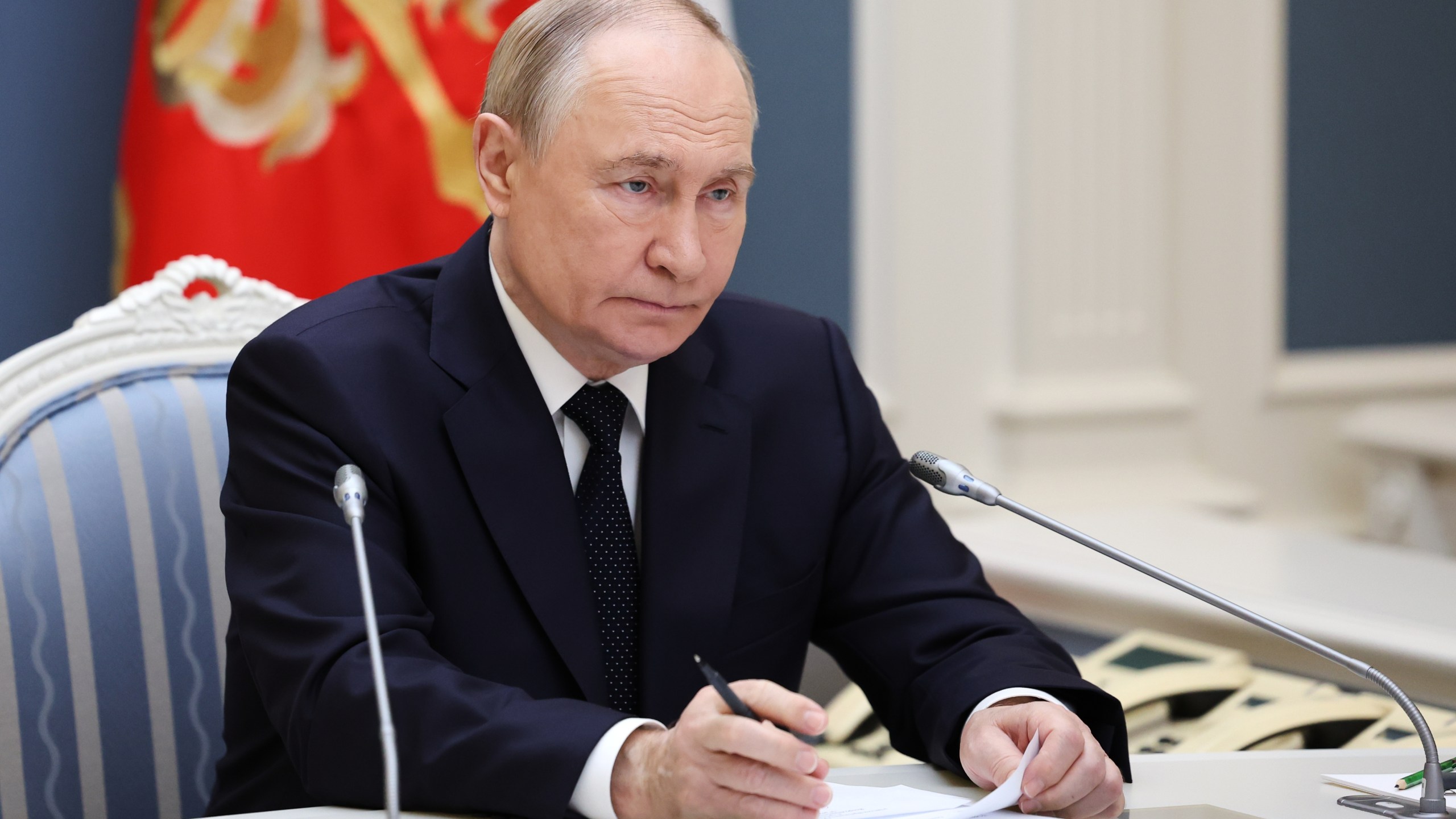 Russia President Vladimir Putin conducts a strategic nuclear forces exercise via videoconference from the Presidential Situation Centre at the Kremlin in Moscow, on Wednesday, Oct. 22, 2025. (Alexander Kazakov, Sputnik, Kremlin Pool Photo via AP)
