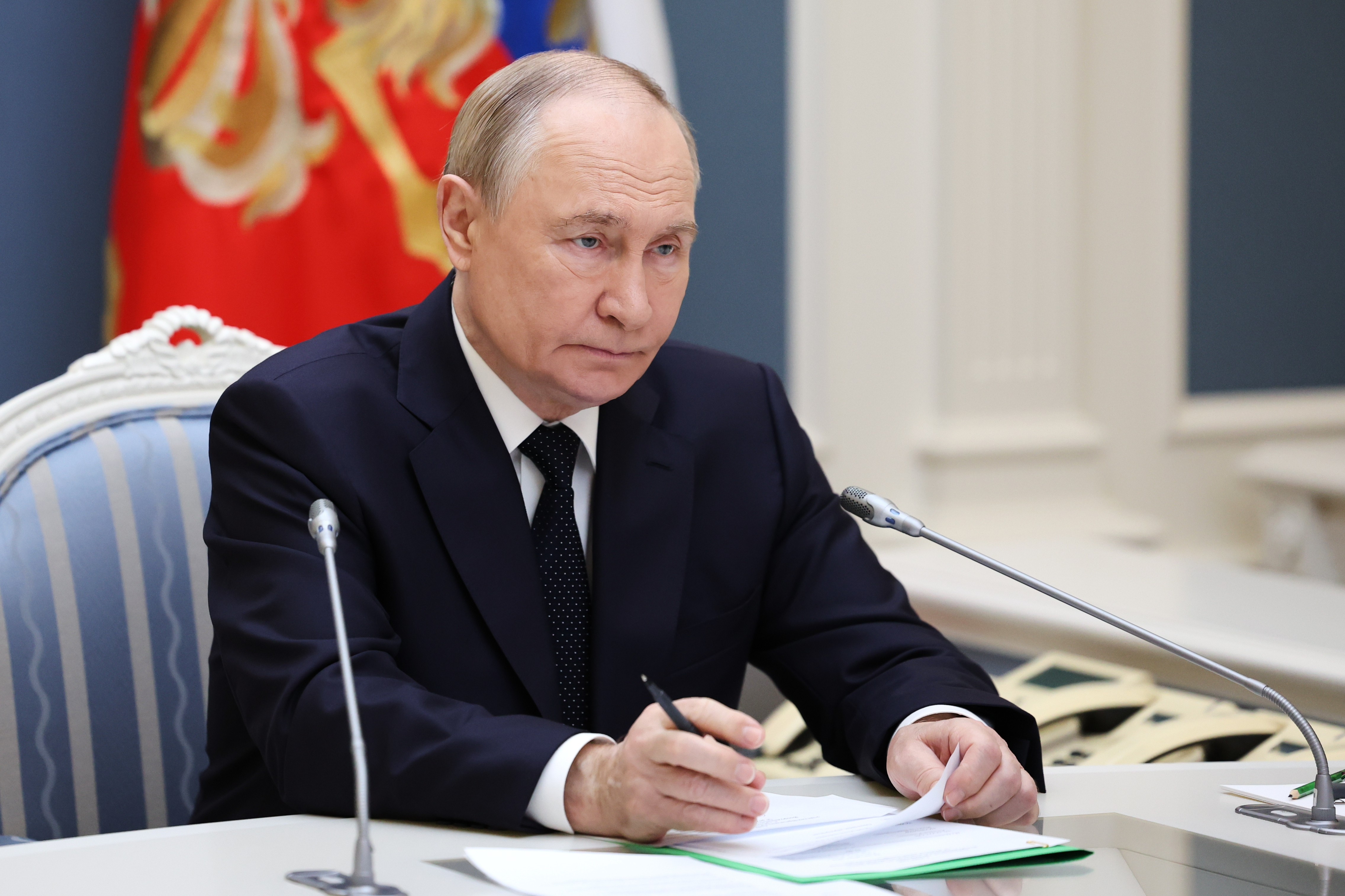Russia President Vladimir Putin conducts a strategic nuclear forces exercise via videoconference from the Presidential Situation Centre at the Kremlin in Moscow, on Wednesday, Oct. 22, 2025. (Alexander Kazakov, Sputnik, Kremlin Pool Photo via AP)
