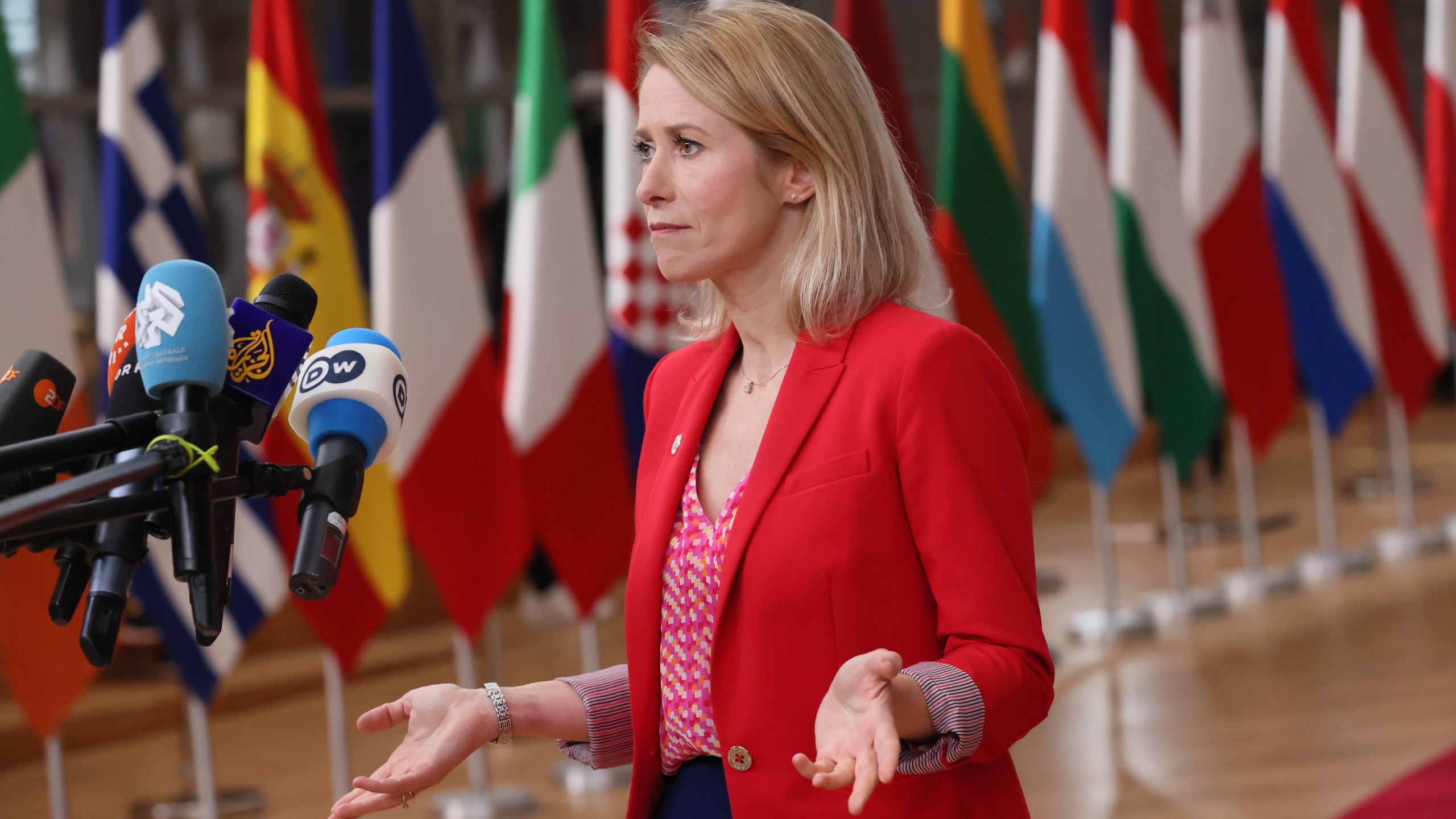 European Union foreign policy chief Kaja Kallas speaks with the media as she arrives for an EU Summit at the European Council building in Brussels, Thursday, Oct. 23, 2025. (AP Photo/Francois Walschaerts)