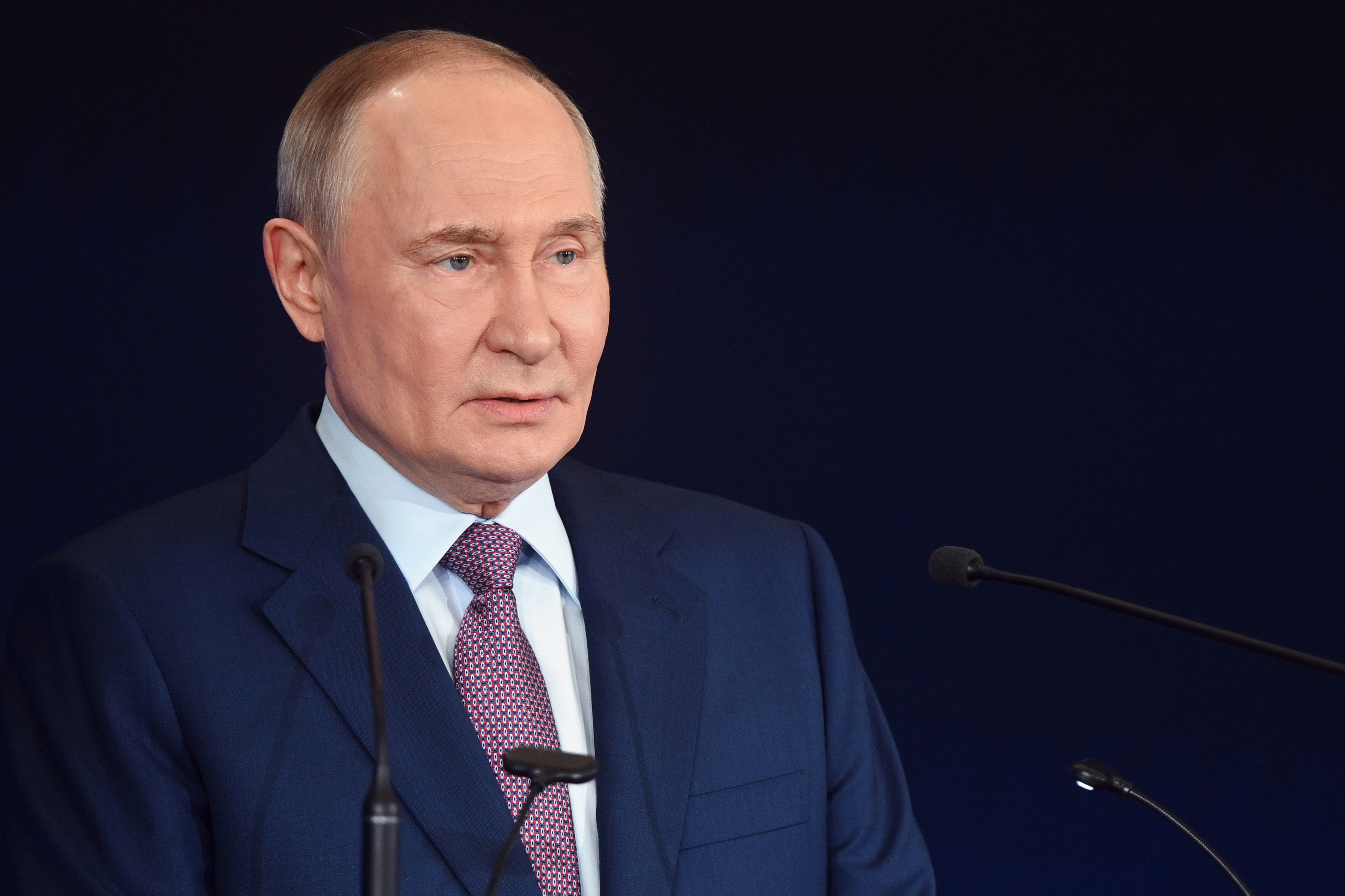 Russian President Vladimir Putin speaks at the Russian Geographical Society congress at the State Kremlin Palace in Moscow, Russia, Thursday, Oct. 23, 2025. (Kristina Kormilitsyna, Sputnik, Kremlin Pool Photo via AP)