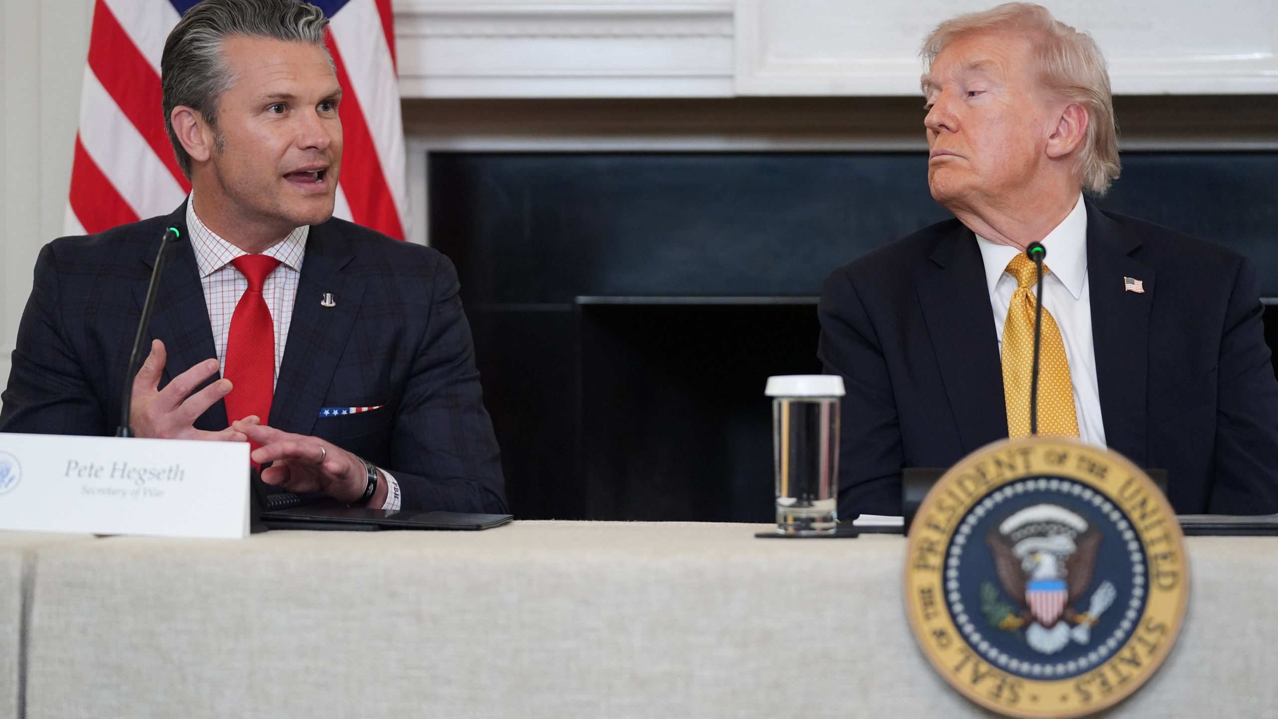 Defense Secretary Pete Hegseth speaks during a roundtable on criminal cartels with President Donald Trump in the State Dining Room of the White House, Thursday, Oct. 23, 2025, in Washington. (AP Photo/Evan Vucci)