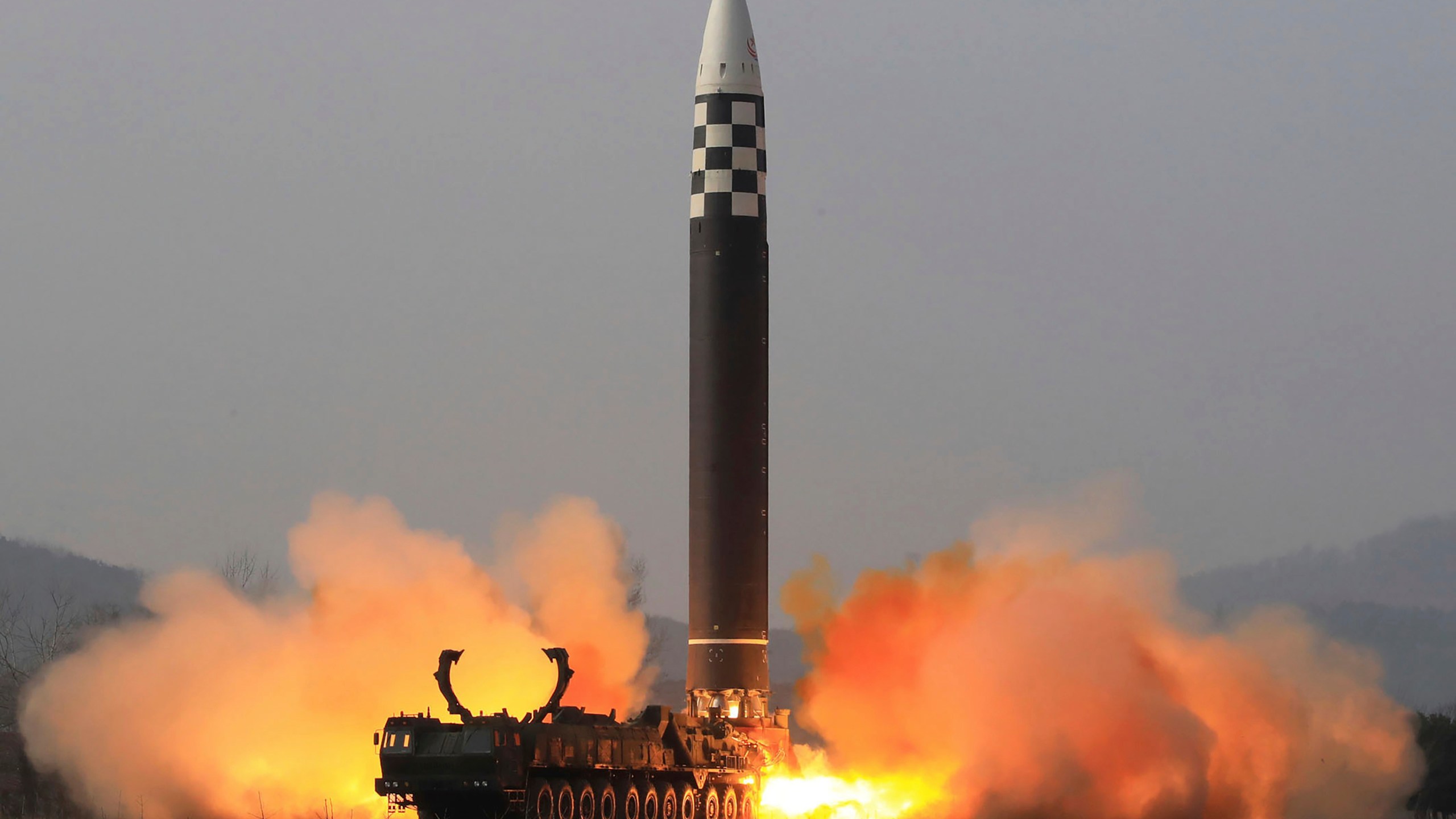 FILE - This photo distributed by the North Korean government shows what it says is a test-fire of a Hwasong-17 intercontinental ballistic missile (ICBM), at an undisclosed location in North Korea on March 24, 2022. Independent journalists were not given access to cover the event depicted in this image distributed by the North Korean government. The content of this image is as provided and cannot be independently verified. Korean language watermark on image as provided by source reads: "KCNA" which is the abbreviation for Korean Central News Agency. (Korean Central News Agency/Korea News Service via AP, File)