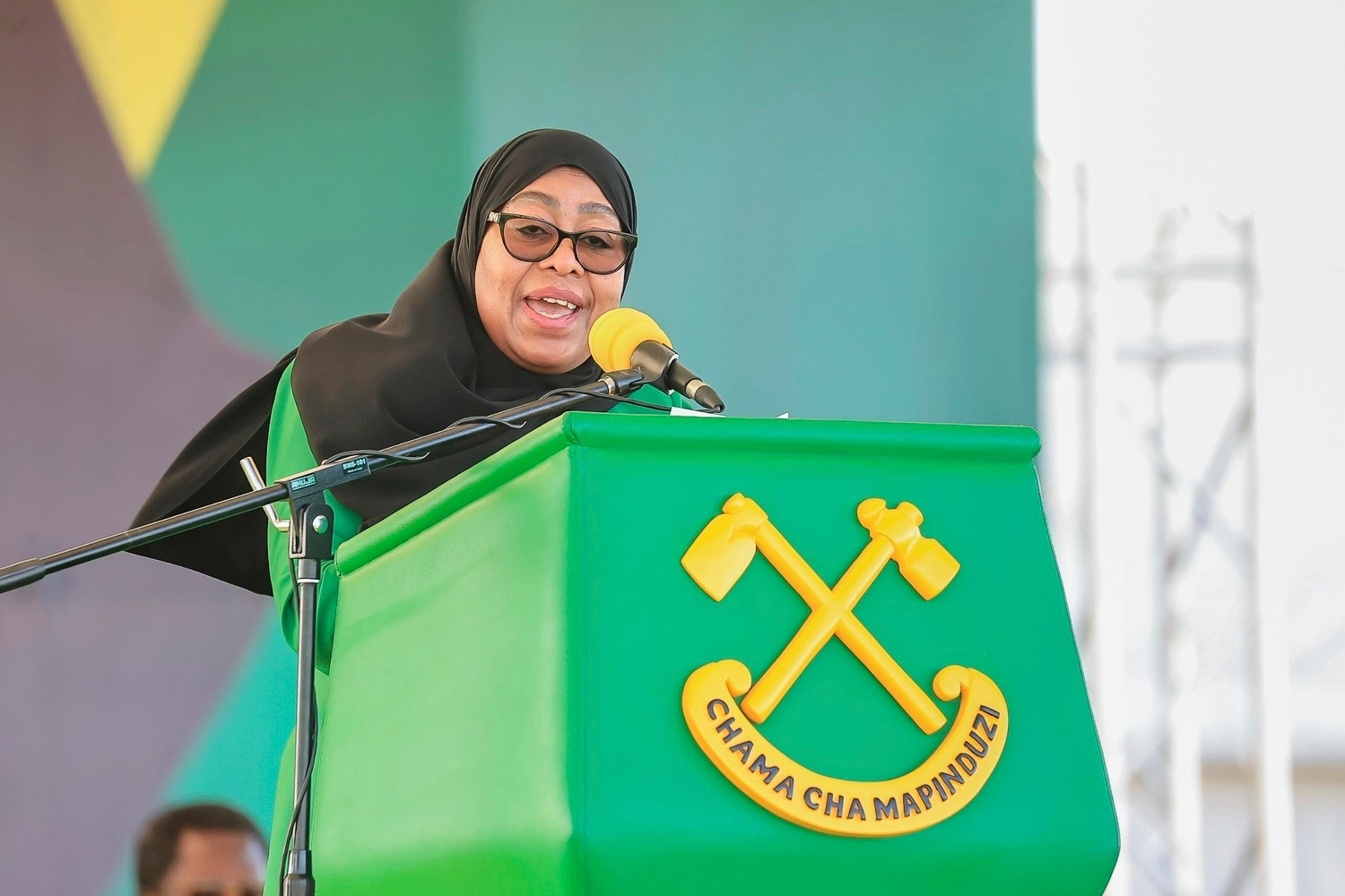 FILE - Tanzania's President Samia Suluhu Hassan delivers her remarks during the launch of the party's campaign for the upcoming general elections, at Tanganyika Packers grounds in Dar es Salaam, Tanzania, Thursday, Aug. 28, 2025. (AP Photo/Steven Genya, File)