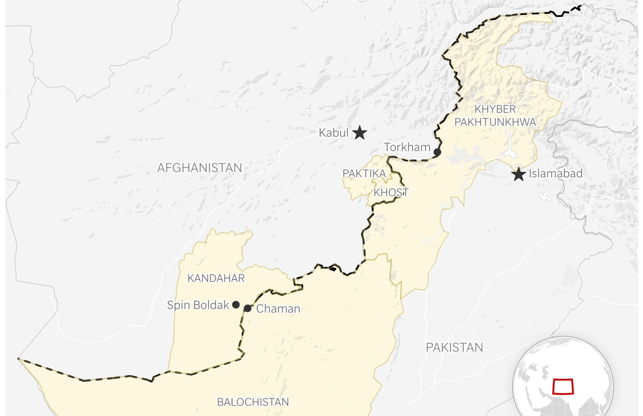 This map shows several provinces and cities along the Afghanistan-Pakistan border that have been impacted by recent clashes between the two countries. (AP Digital Embed)