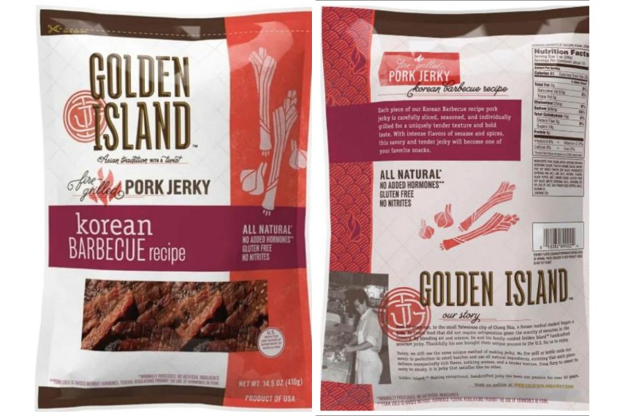 This combination of images provided by the U.S. Department of Agriculture shows packaging for Korean barbecue pork jerky sold at Costco and Sam's Club stores which was recalled because the product may be contaminated with pieces of metal, the USDA said Friday, Oct. 24, 2025. (USDA via AP)