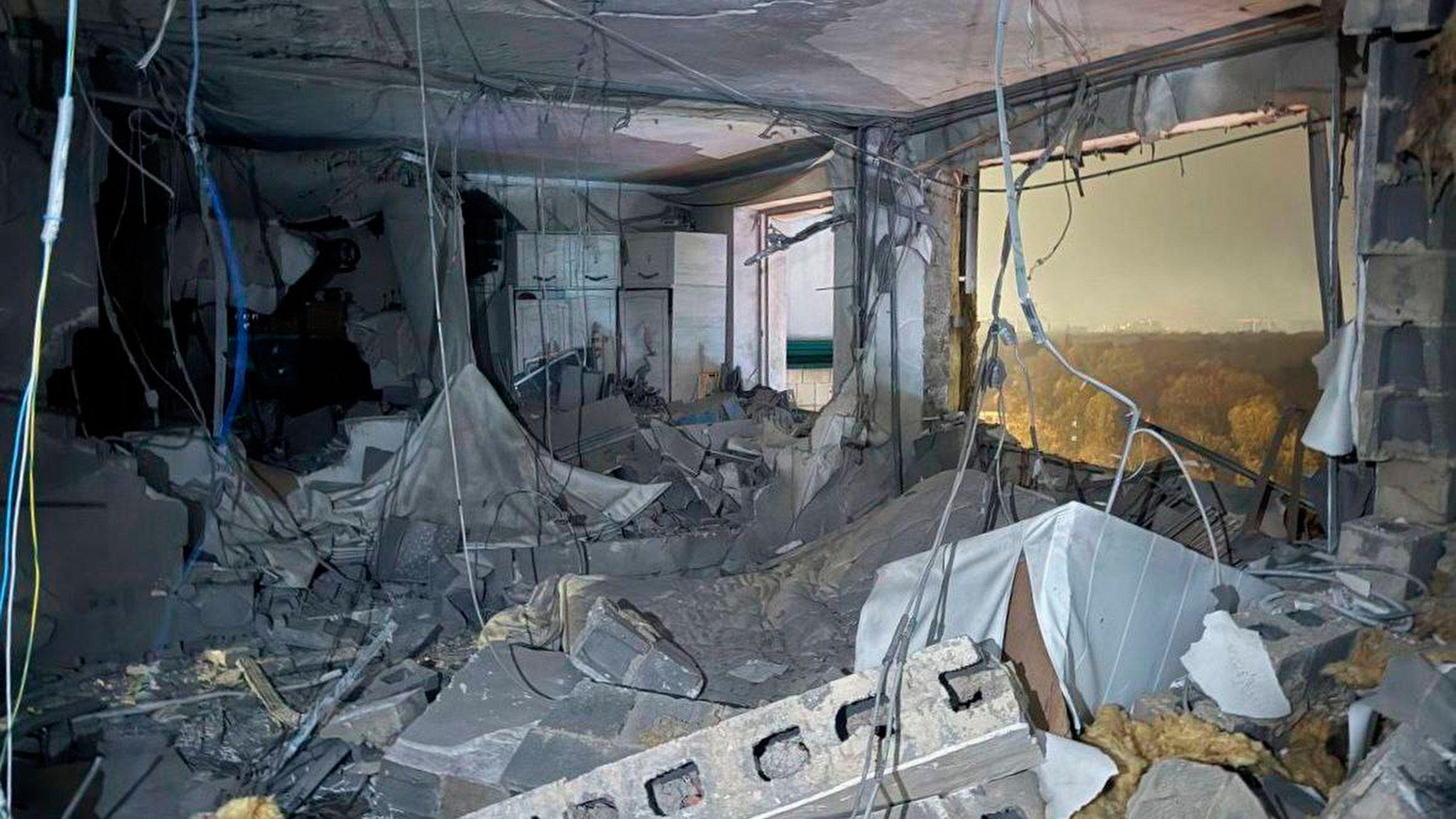 This photo released by Moscow Region Governor Andrei Vorobyev official telegram channel shows a view of the flat in the damaged multi-storey apartment building hit by a Ukrainian drone in Krasnogorsk, just outside Moscow, Russia, on Friday, Oct. 24, 2025. (Moscow Region Governor Andrei Vorobyev official telegram channel via AP)