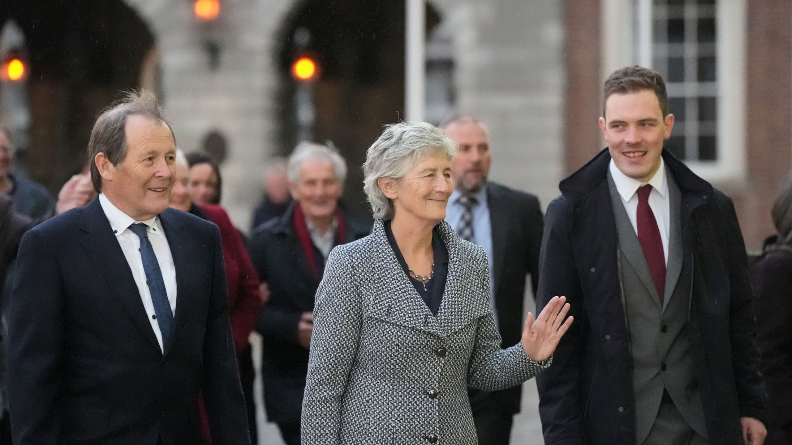 Left-wing independent presidential candidate Catherine Connolly arrives at Dublin Castle for the count in Ireland's presidential election to replace Michael D. Higgins, who has served the maximum two seven-year terms, on Saturday, Oct. 25, 2025. (Niall Carson/PA via AP)