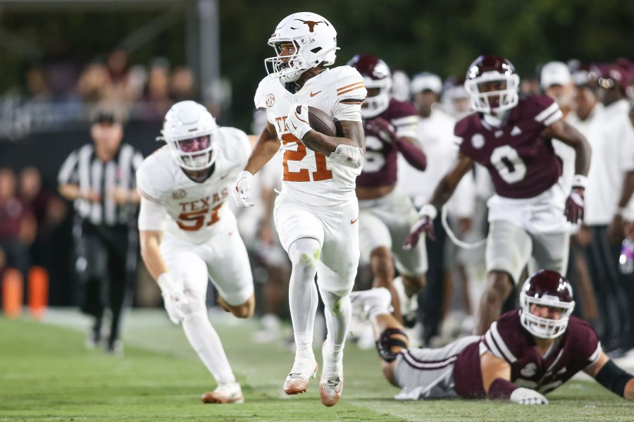 Texas wide receiver Ryan Niblett (21) runs a punt return for a touchdown against Mississippi State during the second half of an NCAA college football game in Starkville, Miss., Saturday, Oct. 25, 2025. (AP Photo/James Pugh)