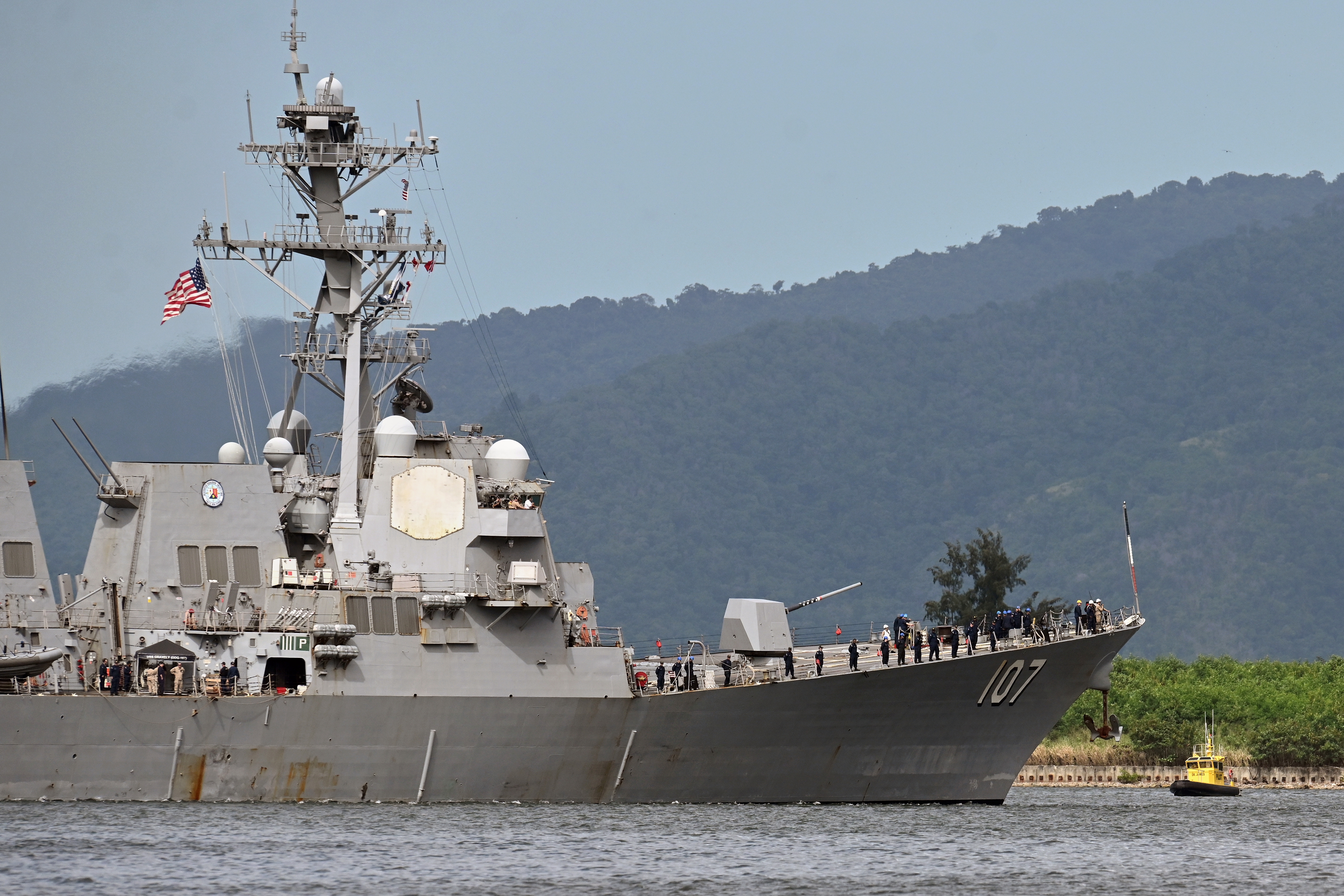 The USS Gravely destroyer prepares to dock for military exercises in Port-of-Spain, Trinidad and Tobago, Sunday, Oct. 26, 2025. (AP Photo/Robert Taylor)