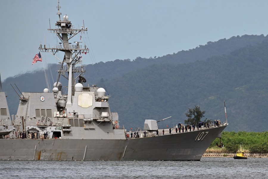 The USS Gravely destroyer prepares to dock for military exercises in Port-of-Spain, Trinidad and Tobago, Sunday, Oct. 26, 2025. (AP Photo/Robert Taylor)