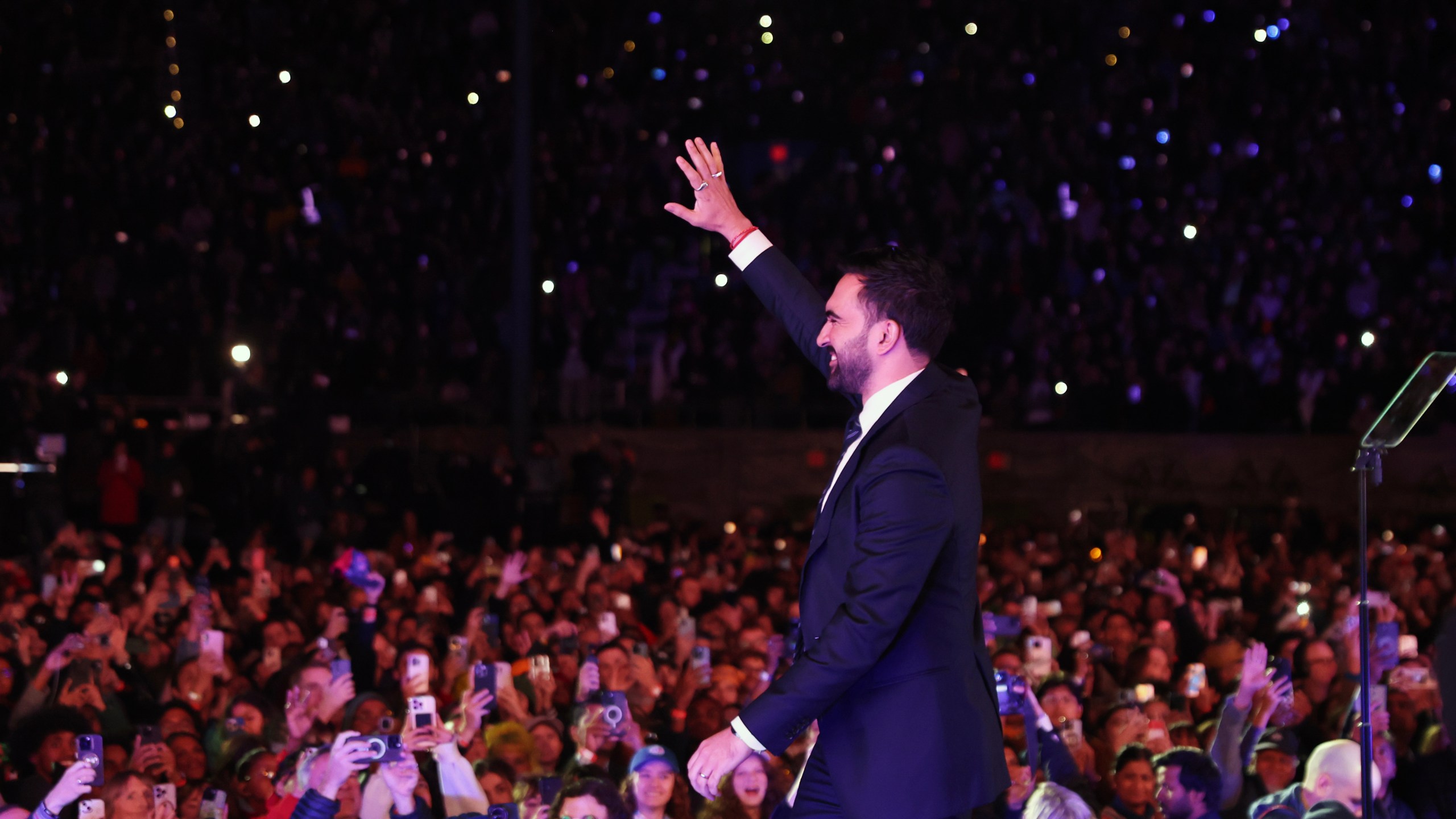 New York City mayoral candidate Zohran Mamdani takes the stage for a rally, Sunday, Oct. 26, 2025, in New York. (AP Photo/Heather Khalifa)