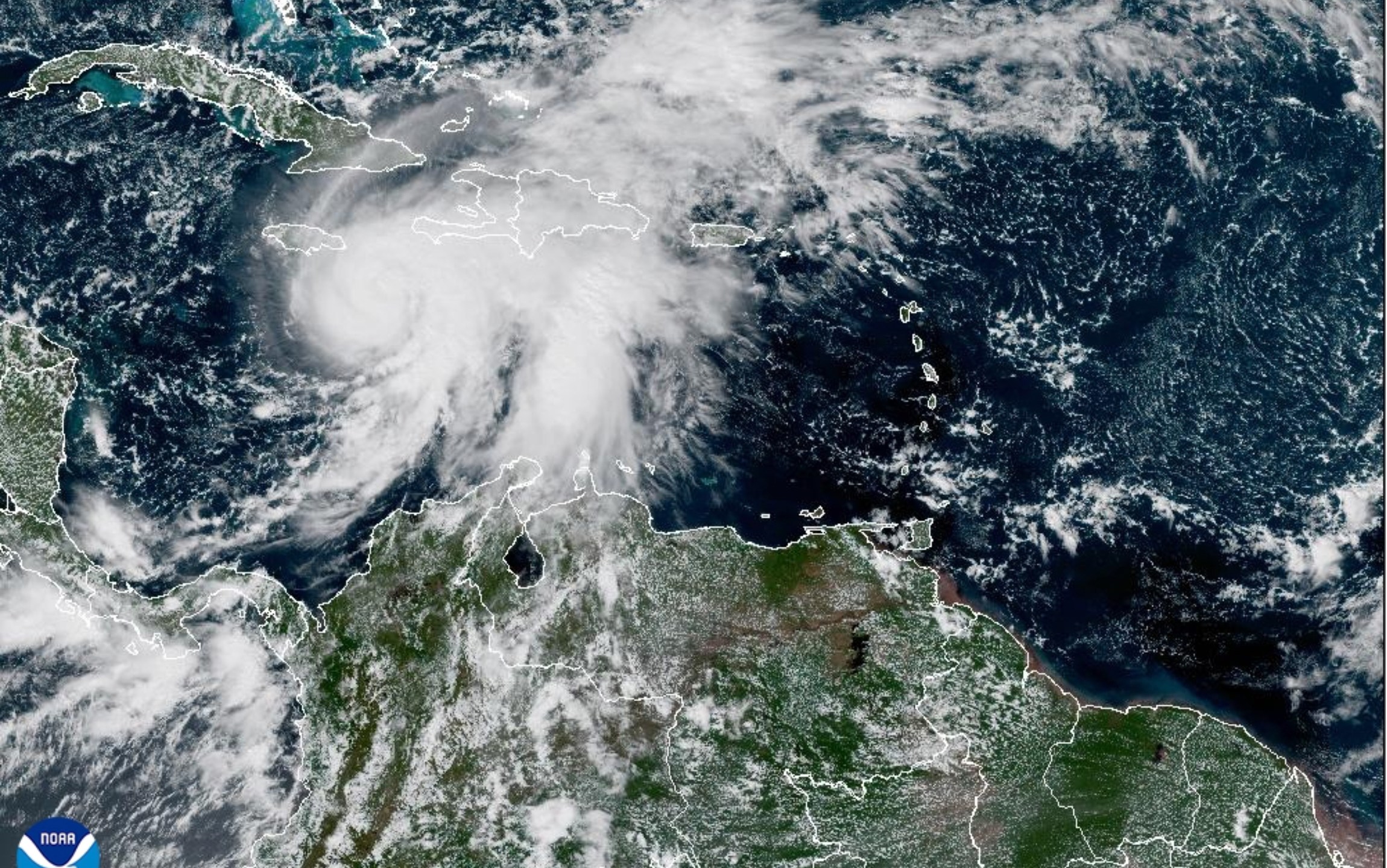 This satellite image provided by NOAA shows Tropical Storm Melissa on Saturday, Oct. 25, 2025. (NOAA via AP)