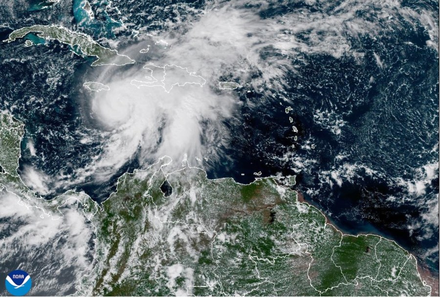 This satellite image provided by NOAA shows Tropical Storm Melissa on Saturday, Oct. 25, 2025. (NOAA via AP)