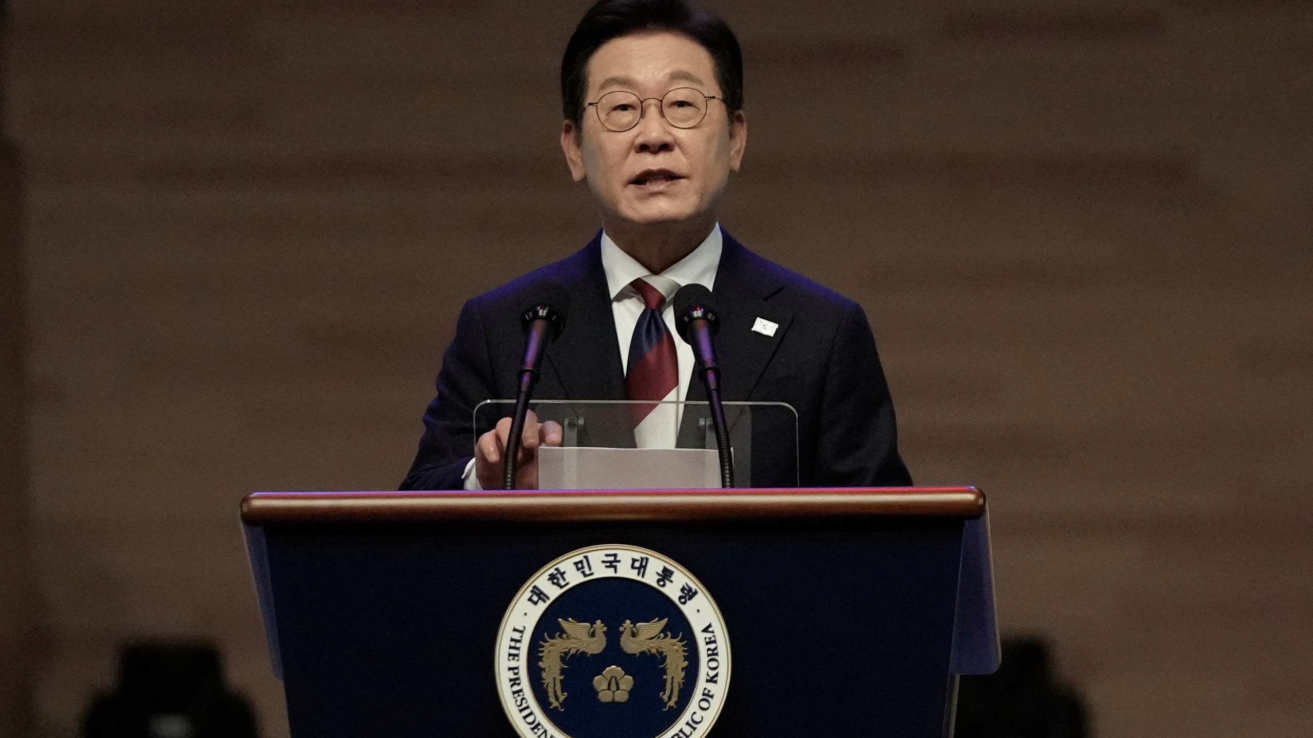 FILE - South Korean President Lee Jae Myung speaks during a ceremony to celebrate the 80th anniversary of Korea's liberation from Japanese colonial rule in Seoul, South Korea, on Aug. 15, 2025. (AP Photo/Ahn Young-joon, Pool, File)