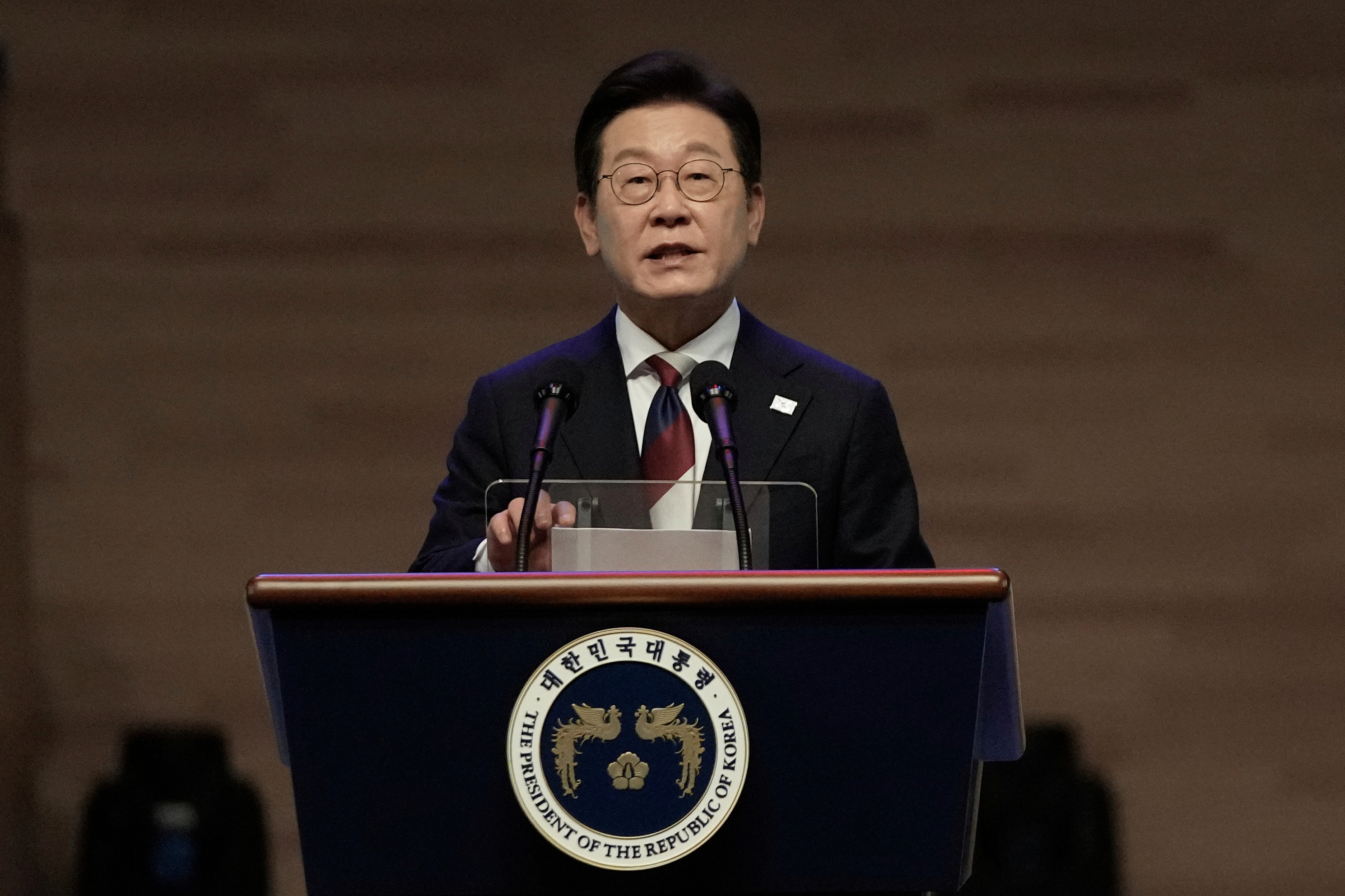 FILE - South Korean President Lee Jae Myung speaks during a ceremony to celebrate the 80th anniversary of Korea's liberation from Japanese colonial rule in Seoul, South Korea, on Aug. 15, 2025. (AP Photo/Ahn Young-joon, Pool, File)