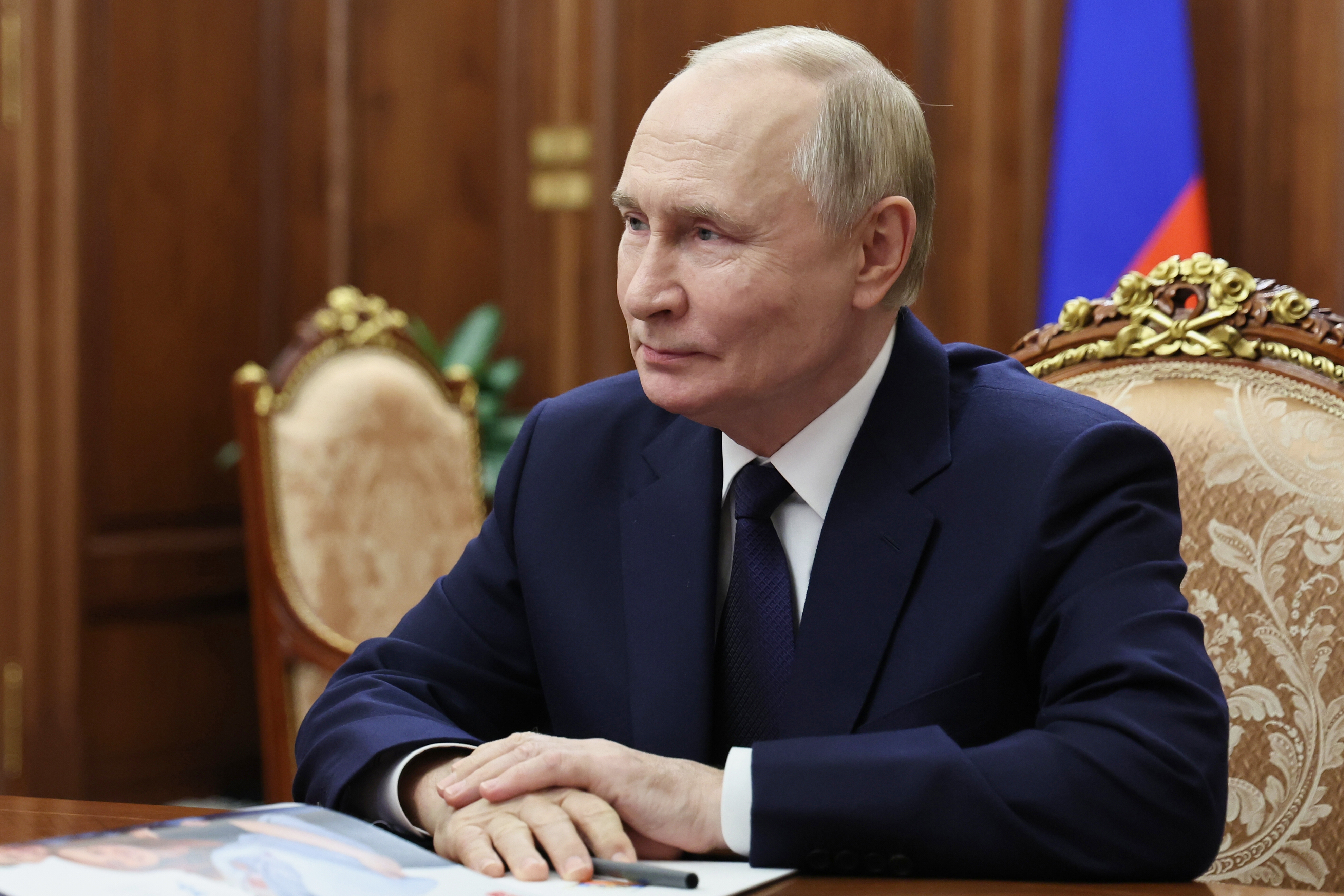 Russian President Vladimir Putin listens to Governor of the Yamal-Nenets Autonomous Area Dmitry Artyukhov during their meeting at the Kremlin, on Tuesday, Oct. 28, 2025. (Alexander Kazakov, Sputnik, Kremlin Pool Photo via AP)