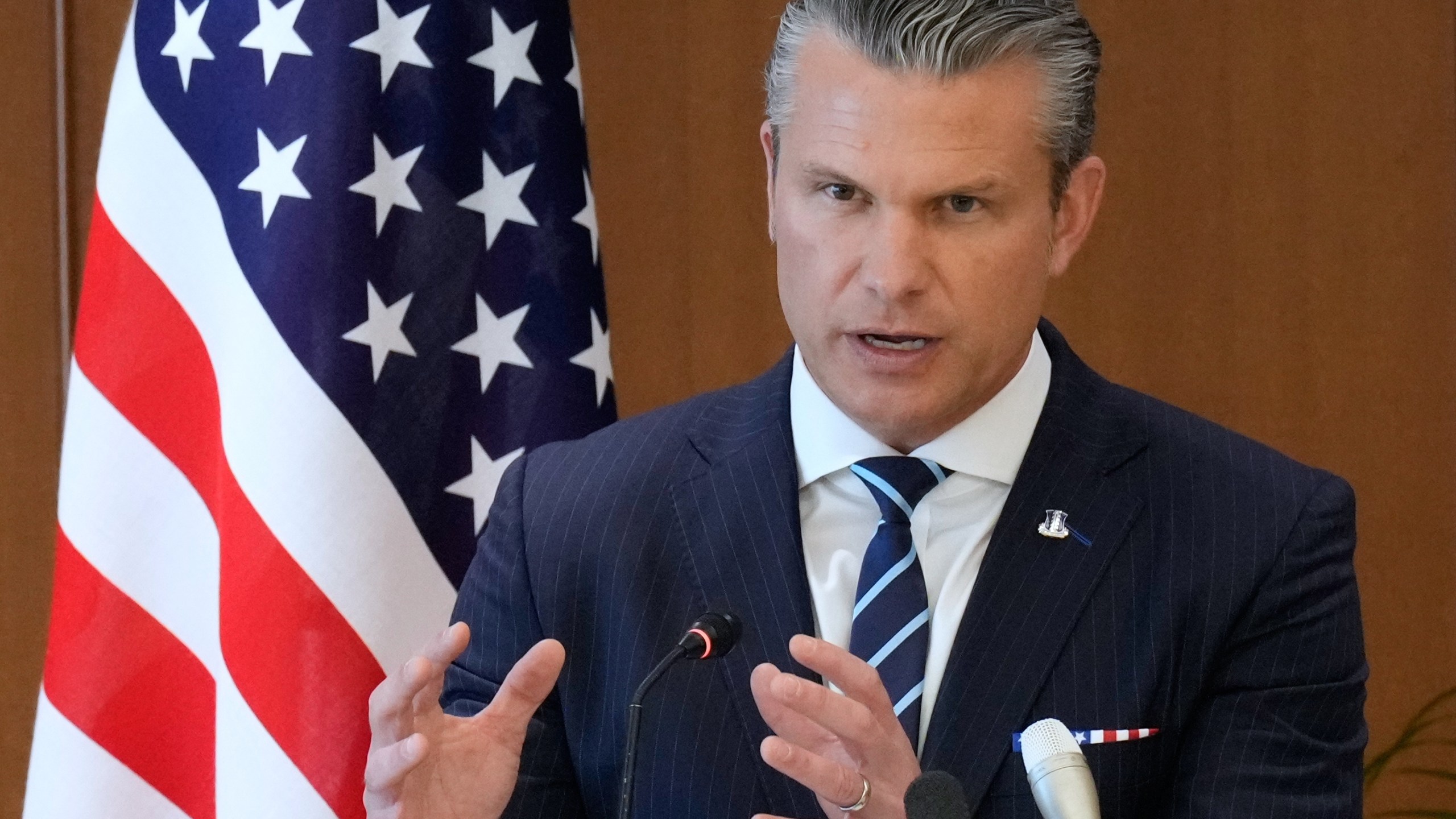 U.S. Defense Secretary Pete Hegseth speaks during a joint press conference with Japan's Defense Minister Shinjiro Koizumi in Tokyo Wednesday, Oct. 29, 2025. (AP Photo/Eugene Hoshiko, Pool)