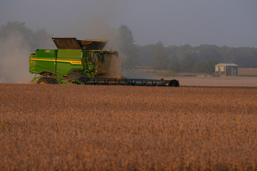 Soybeans are harvested on the Warpup Farm in Warren, Ind., Wednesday, Sept. 17, 2025. (AP Photo/Michael Conroy)
