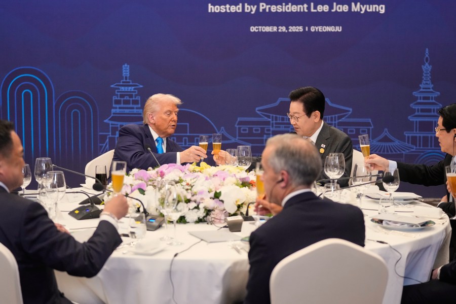 President Donald Trump toasts with state leaders including South Korean President Lee Jae Myung, center right, during a dinner event in Gyeongju, South Korea, Wednesday, Oct. 29, 2025. (AP Photo/Mark Schiefelbein)