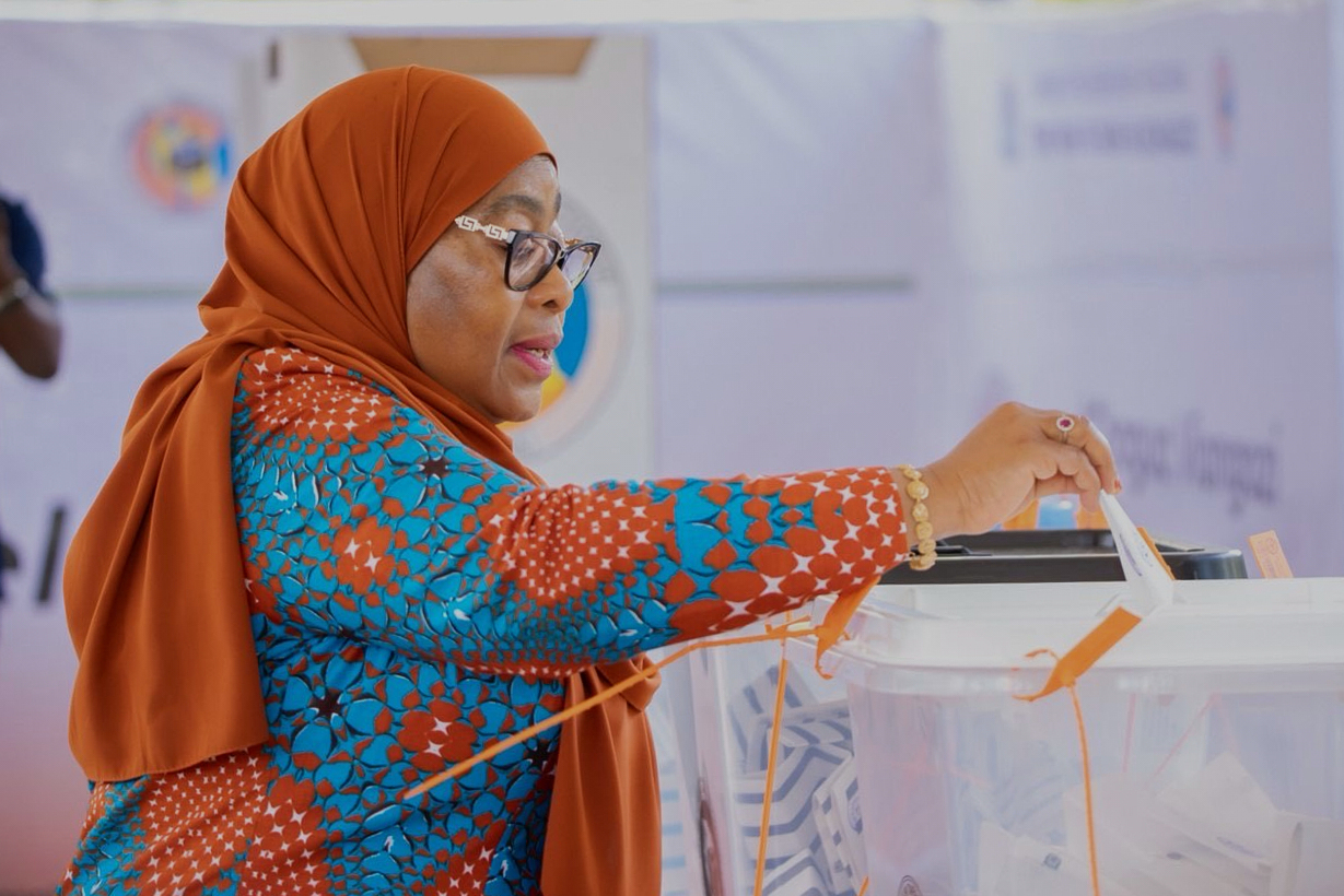 Tanzanian President Samia Suluhu Hassan casts her vote during the general elections at Chamwino polling station in Dodoma, Tanzania, Wednesday, Oct. 29, 2025. (AP Photo)