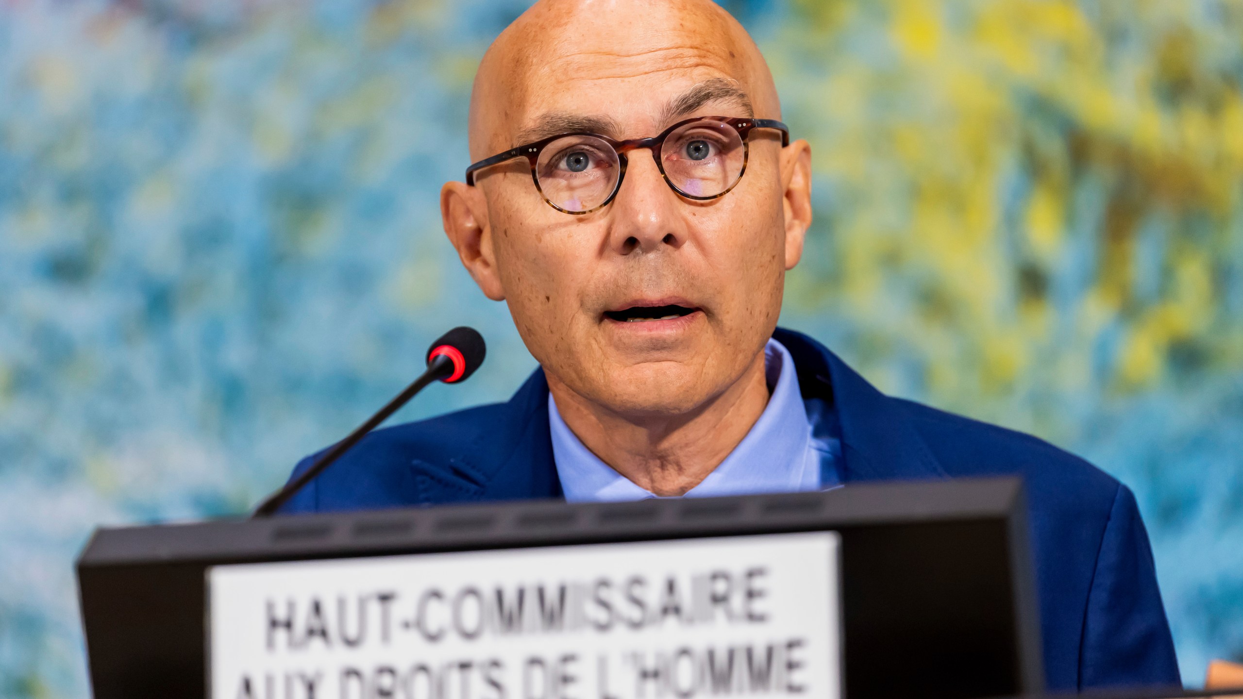 FILE - U.N. High Commissioner for Human Rights Volker Türk addresses attendees on the activities of his Office and recent human rights developments around the globe, during the 60th session of the Human Rights Council, at the European headquarters of the United Nations in Geneva, Switzerland, Monday, Sept. 8, 2025. (Salvatore Di Nolfi/Keystone via AP, File)