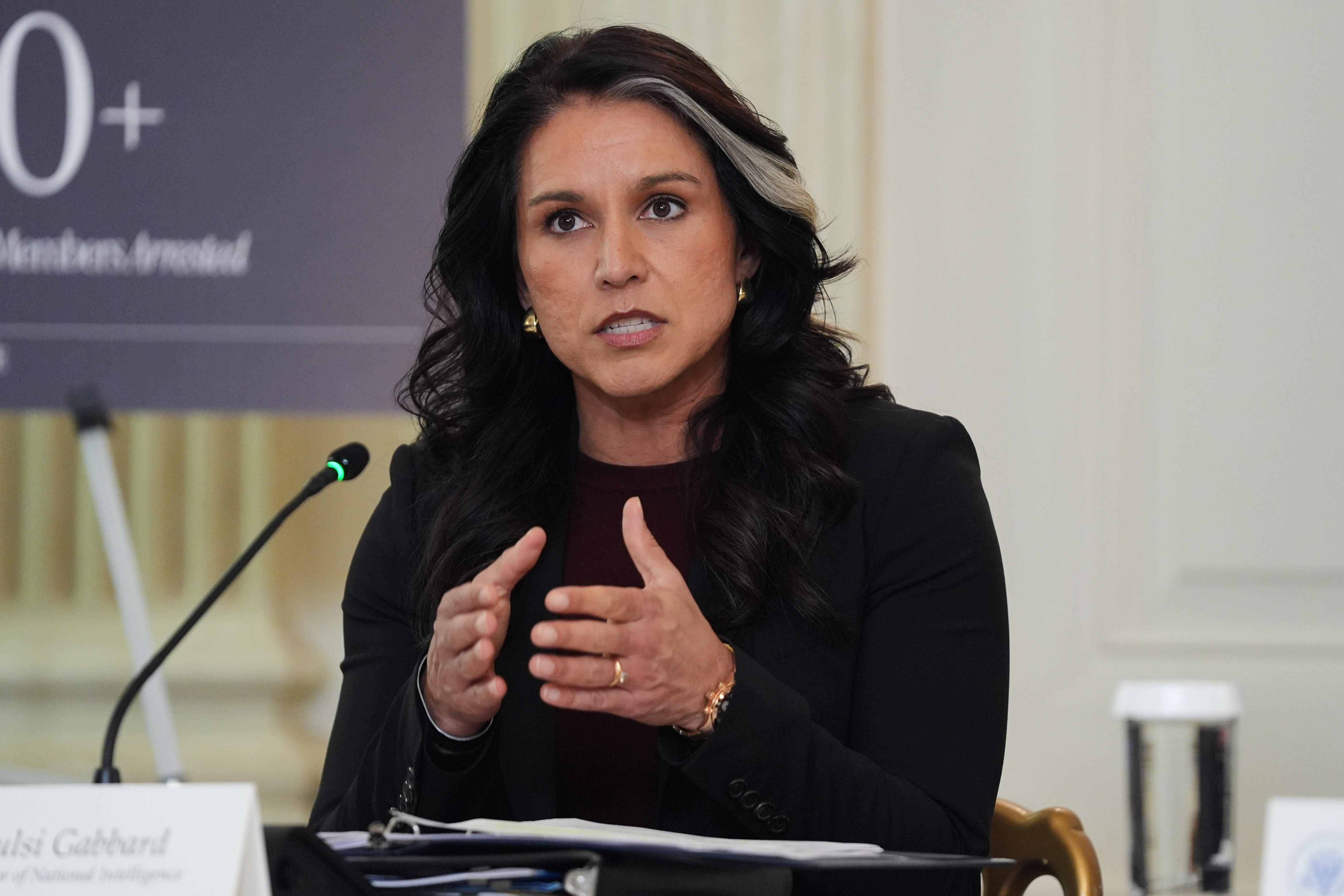 Director of National Intelligence Tulsi Gabbard speaks during a roundtable on criminal cartels with President Donald Trump in the State Dining Room of the White House, Thursday, Oct. 23, 2025, in Washington. (AP Photo/Evan Vucci)
